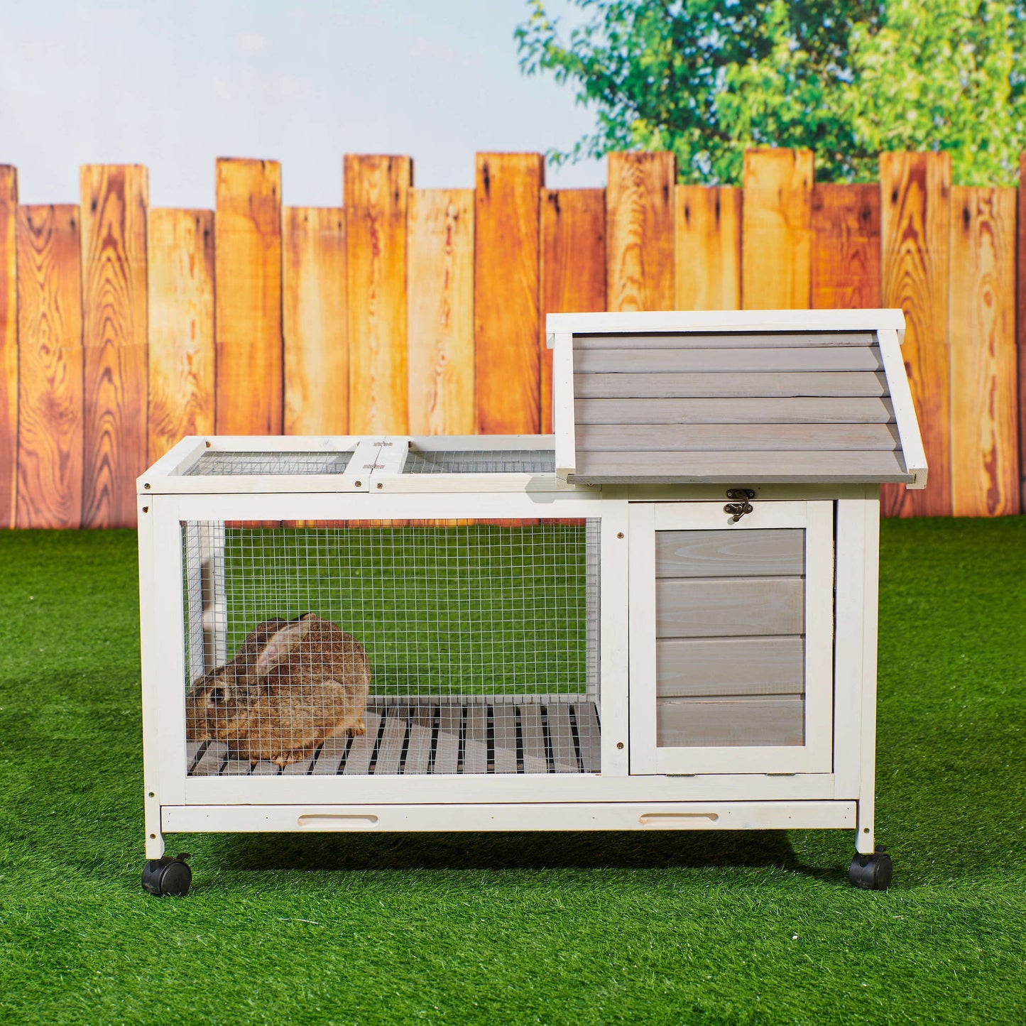 Wooden Rabbit Hutch 40.7" L x 23.4" W x 30" H, Bunny Cage  with 4 Wheels