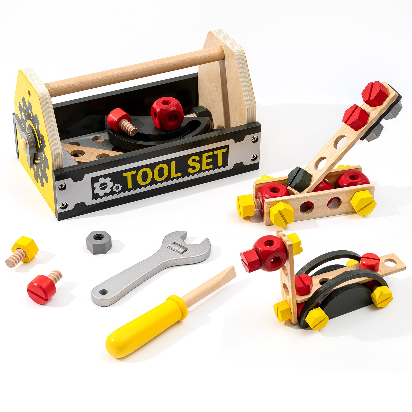 Kids Wooden Toy Toolbox with Building Blocks and Play Tools