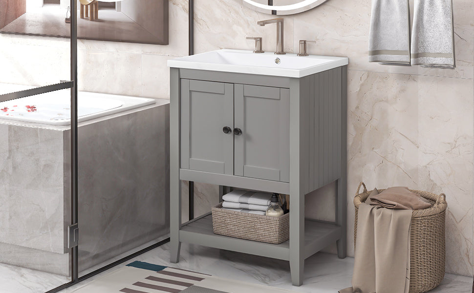 24" Grey Modern Sleek Bathroom Vanity Elegant Ceramic Sink with Solid Wood Frame Open Style Shelf