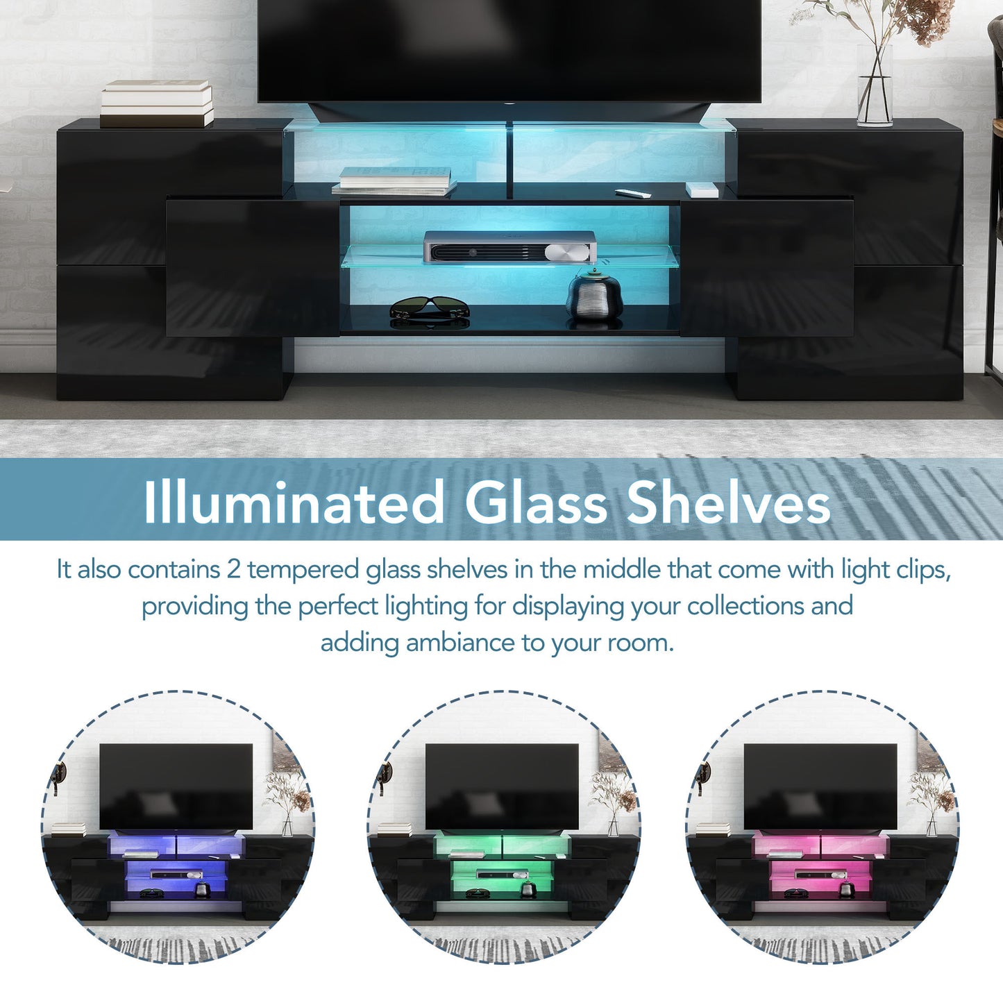 Black High Gloss TV Stand with LED Glass Shelves for TVs Up to 80