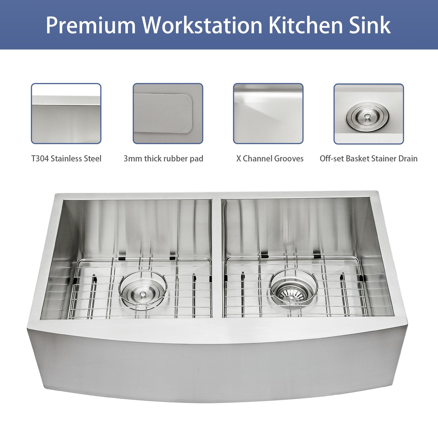 Premium Stainless Steel 36x20 Double Bowl Farmhouse Kitchen Sink