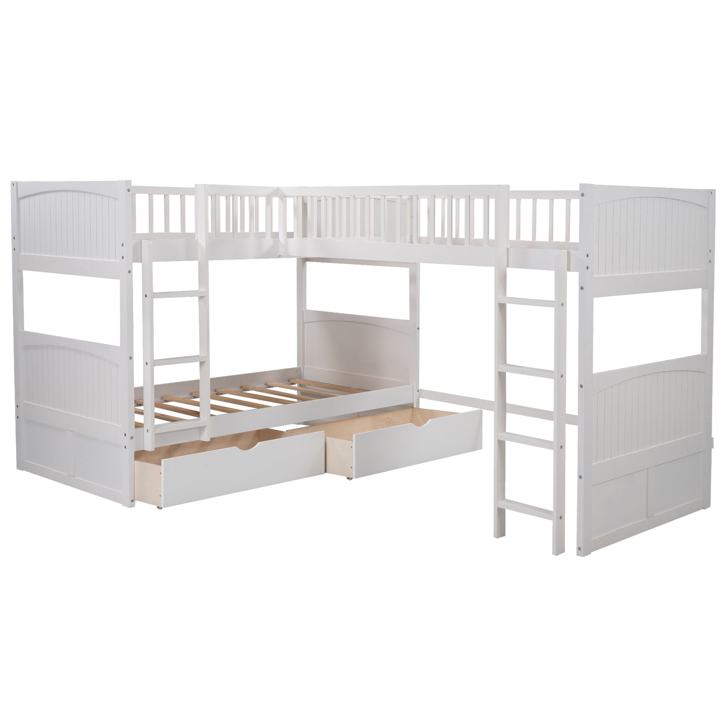 White Triple Sleeper Bunk Bed with Loft, Drawers, and Extended Sleeping Capacity