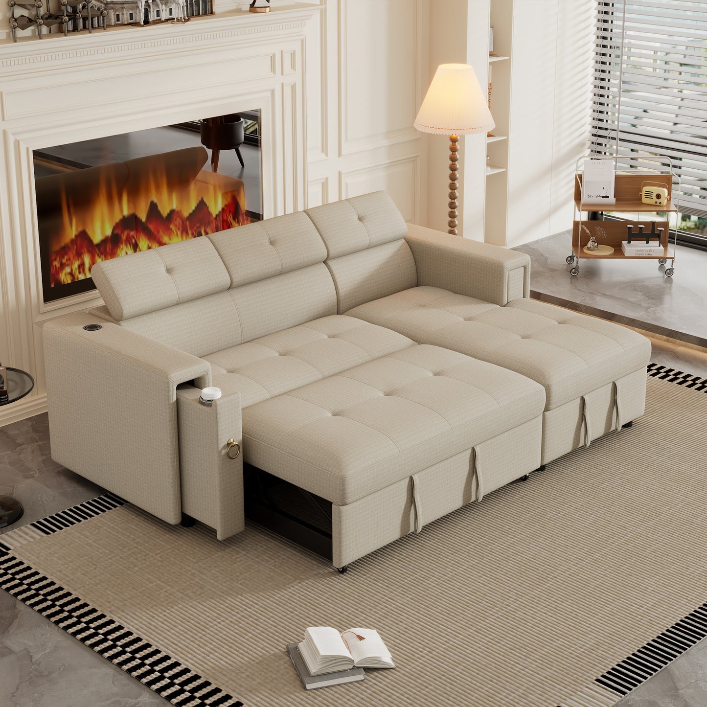 L-Shaped Sectional Sofa with Hidden Storage, Adjustable Headrest, Wireless Charging, and Cup Holders