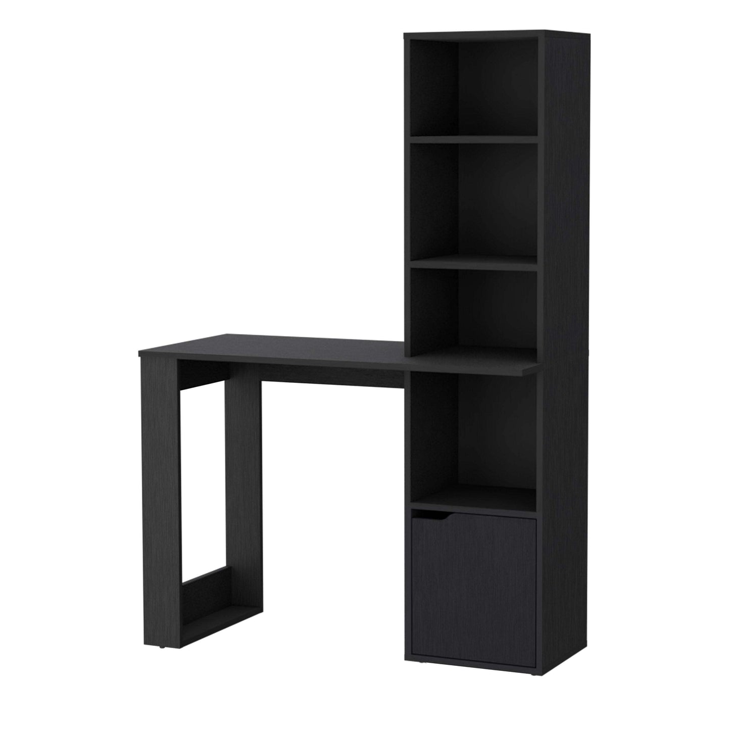 Modern Black Computer Desk with 4-Tier Bookcase and Cabinet