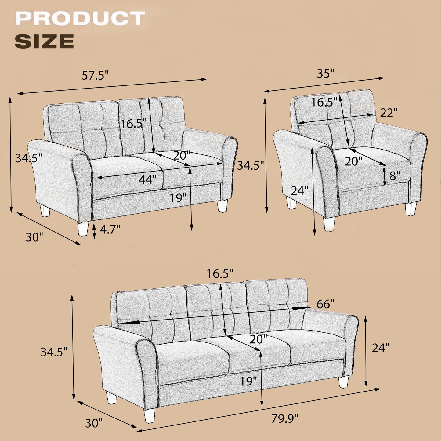 Modern Living Room Sofa Set Linen Upholstered Couch Furniture for Home or Office ,Light Grey-Blue,(1+2 Seat)