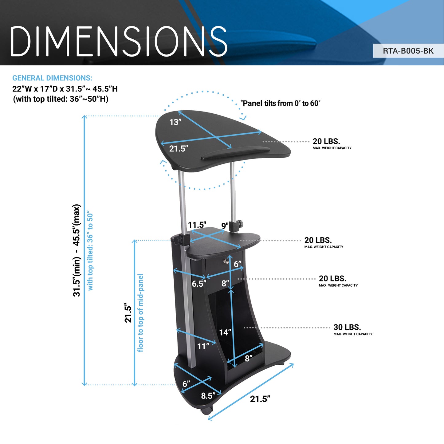 Adjustable Rolling Laptop Cart with Sit-to-Stand Function and Black Storage Shelf