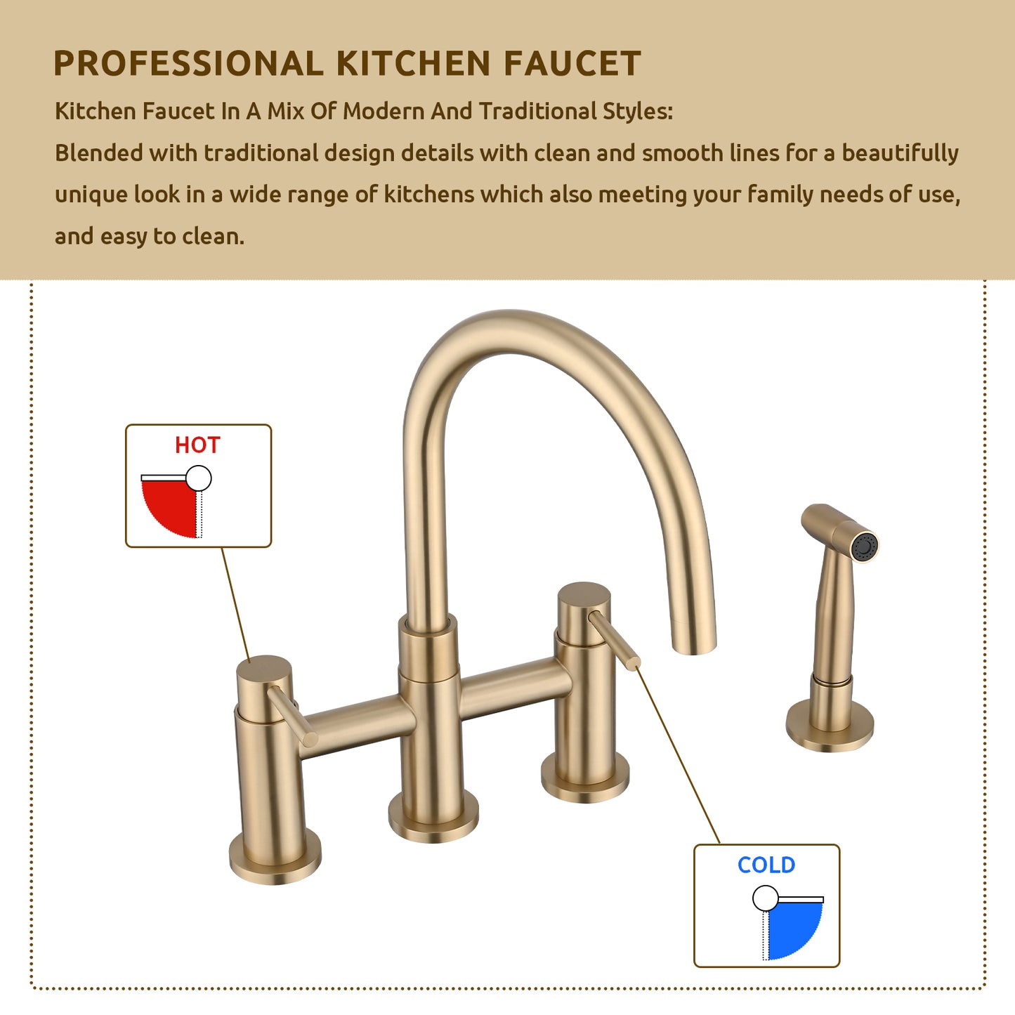 Double Handle Bridge Kitchen Faucet with Side Spray