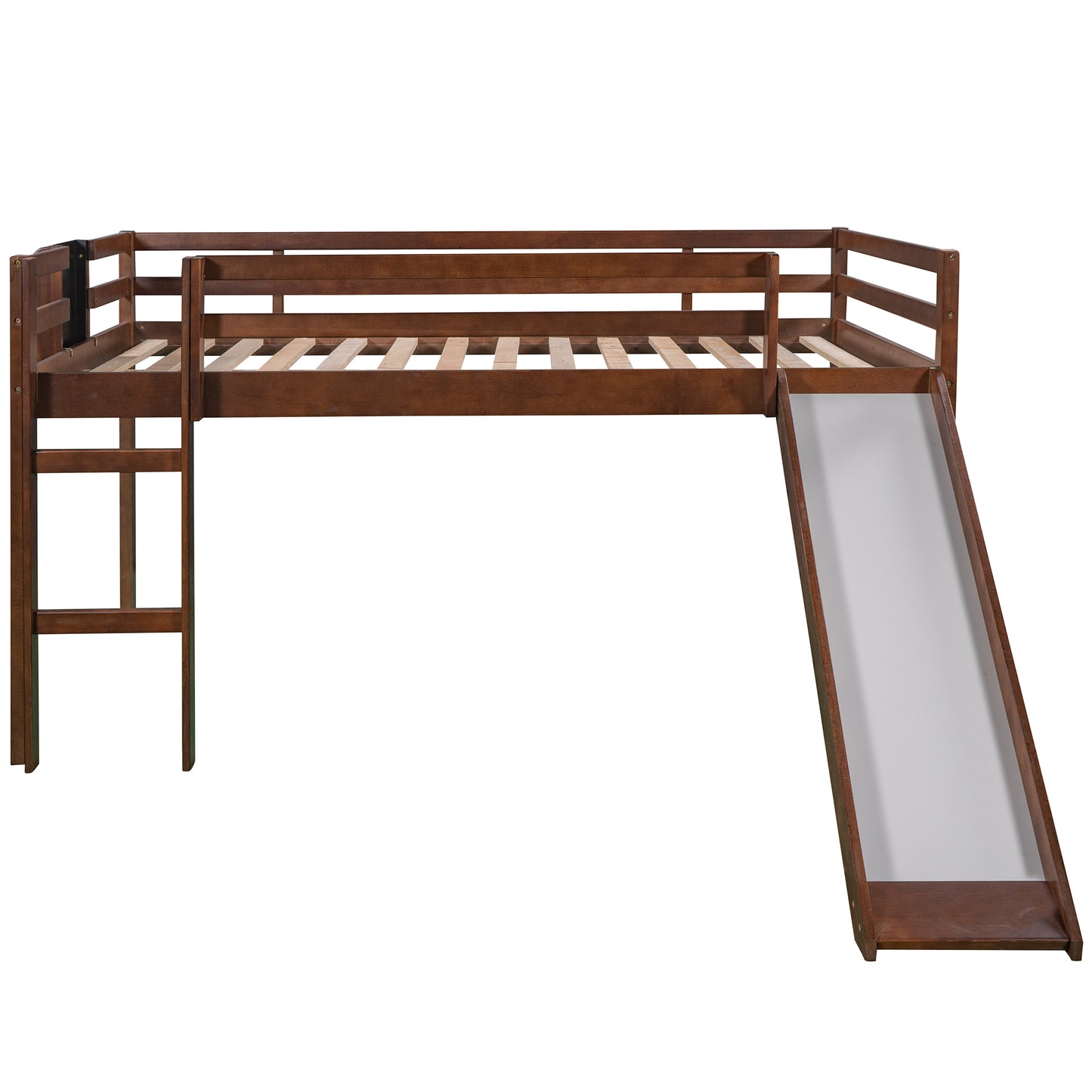 Full size Loft Bed Wood Bed with Slide, Stair and Chalkboard,Walnut