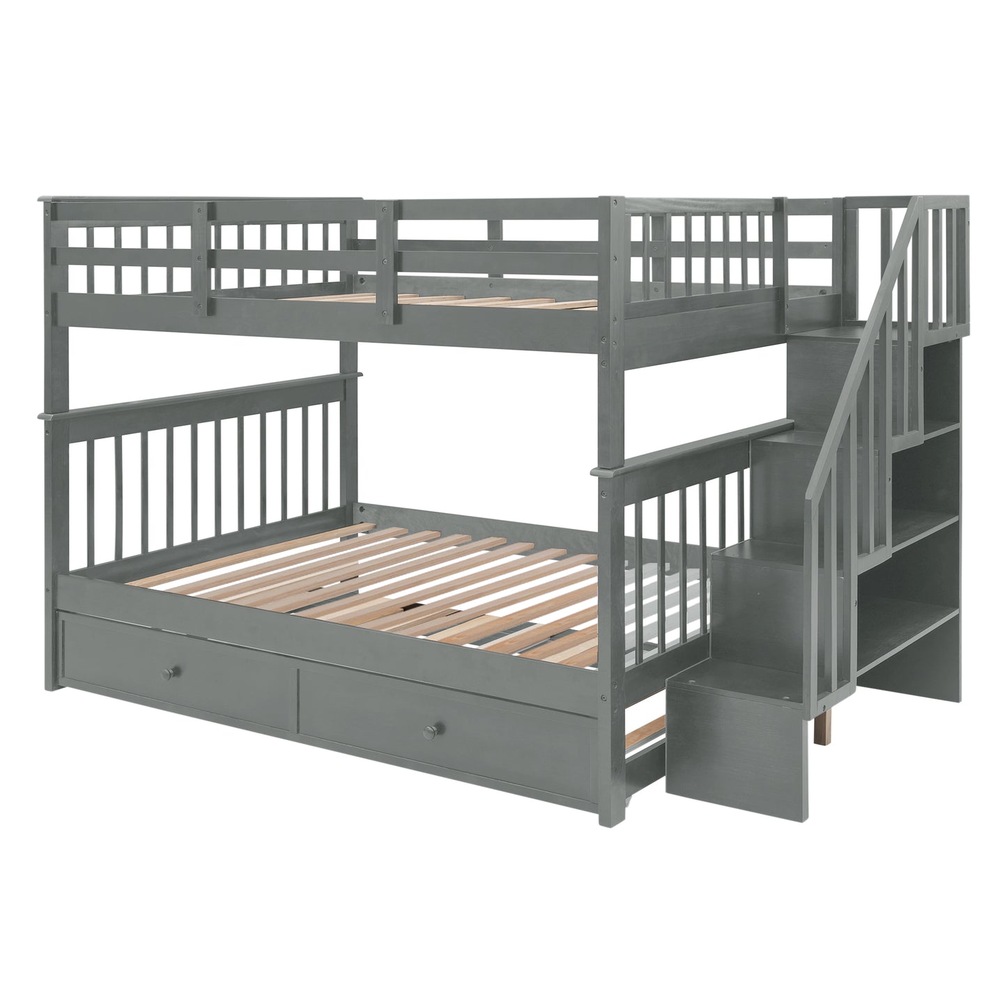 Gray Full-Over-Full Bunk Bed with Twin Trundle and Storage System