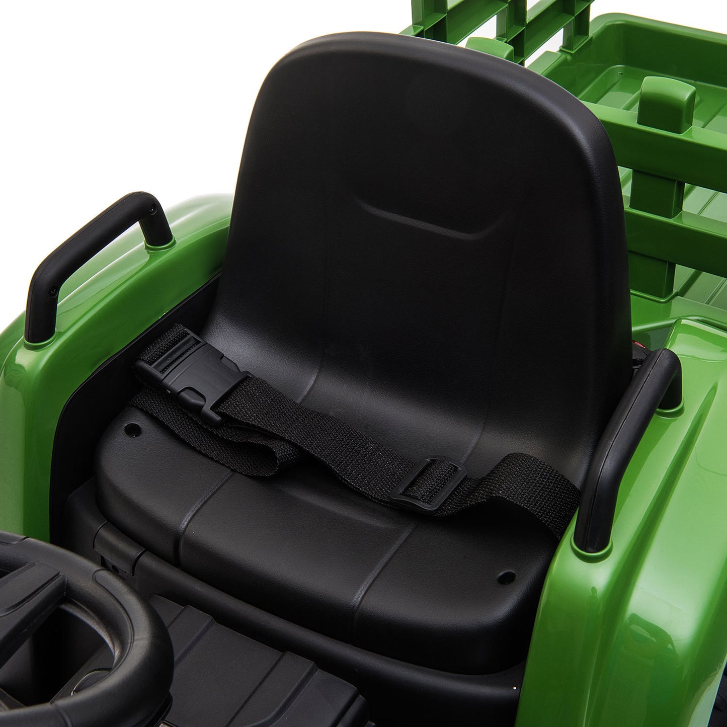 12V Kids Dark Green Ride-On Tractor with Trailer, Music, LED Lights, and USB