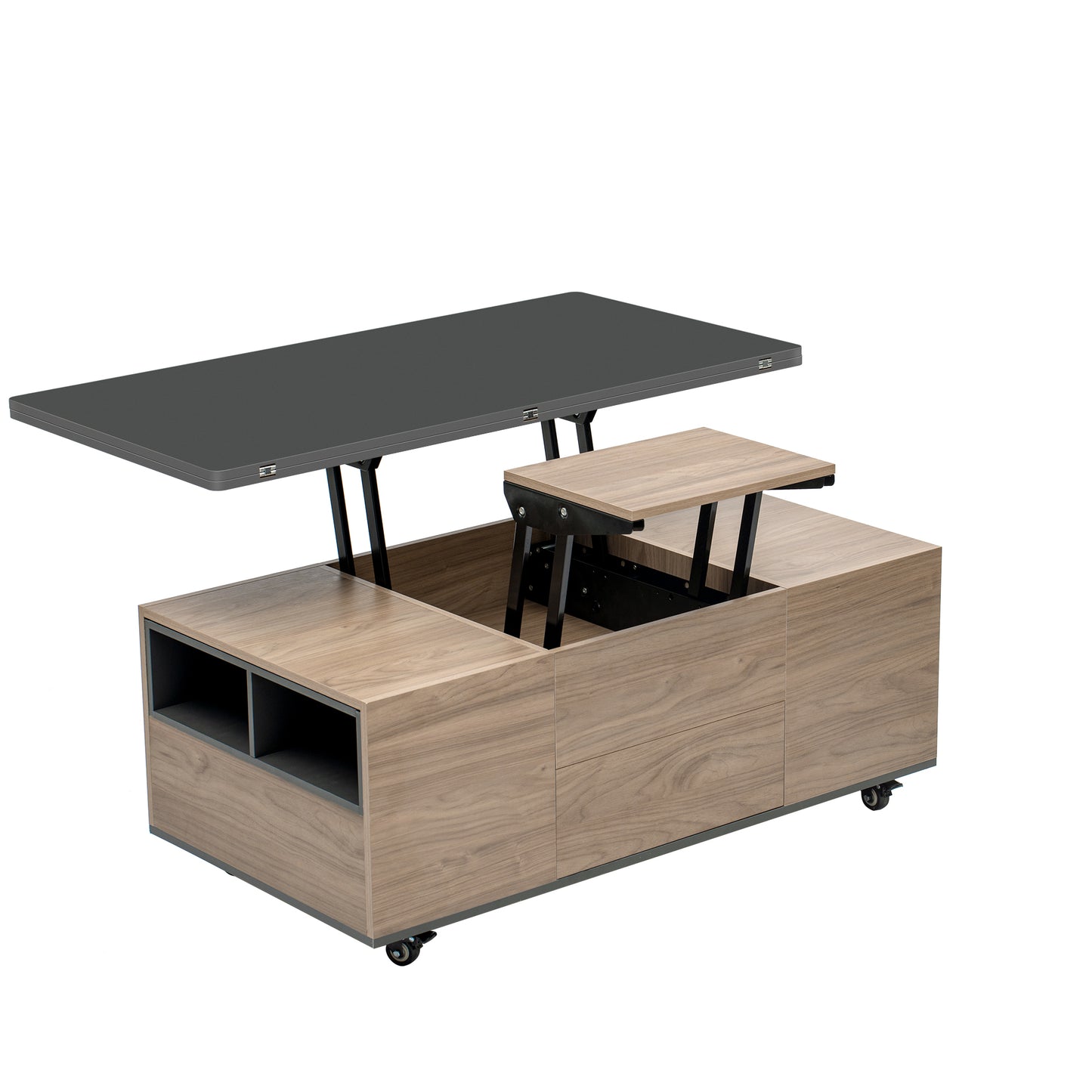 Walnut and Black Lift Top Coffee Table with Multi Functional Drawers