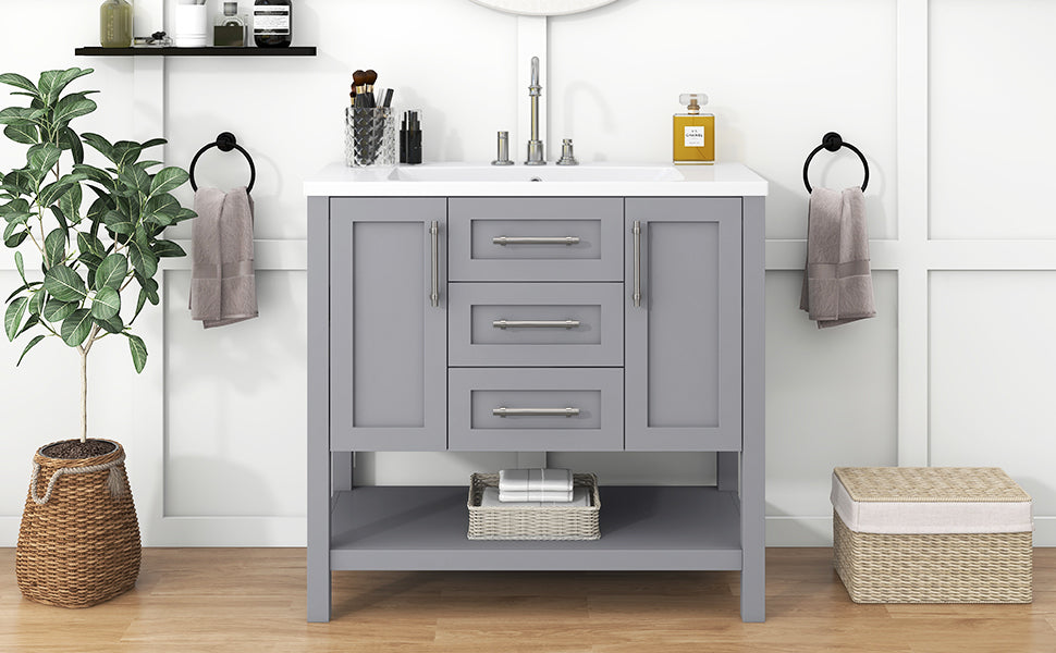 36-Inch Grey Bathroom Vanity with Solid Wood Frame and MDF, Resin Basin, 2 Drawers, 2 Cabinet Doors, 2 Adjustable Shelvesdoor,Single Resin Sink,Small Bathroom Organization Cabinet