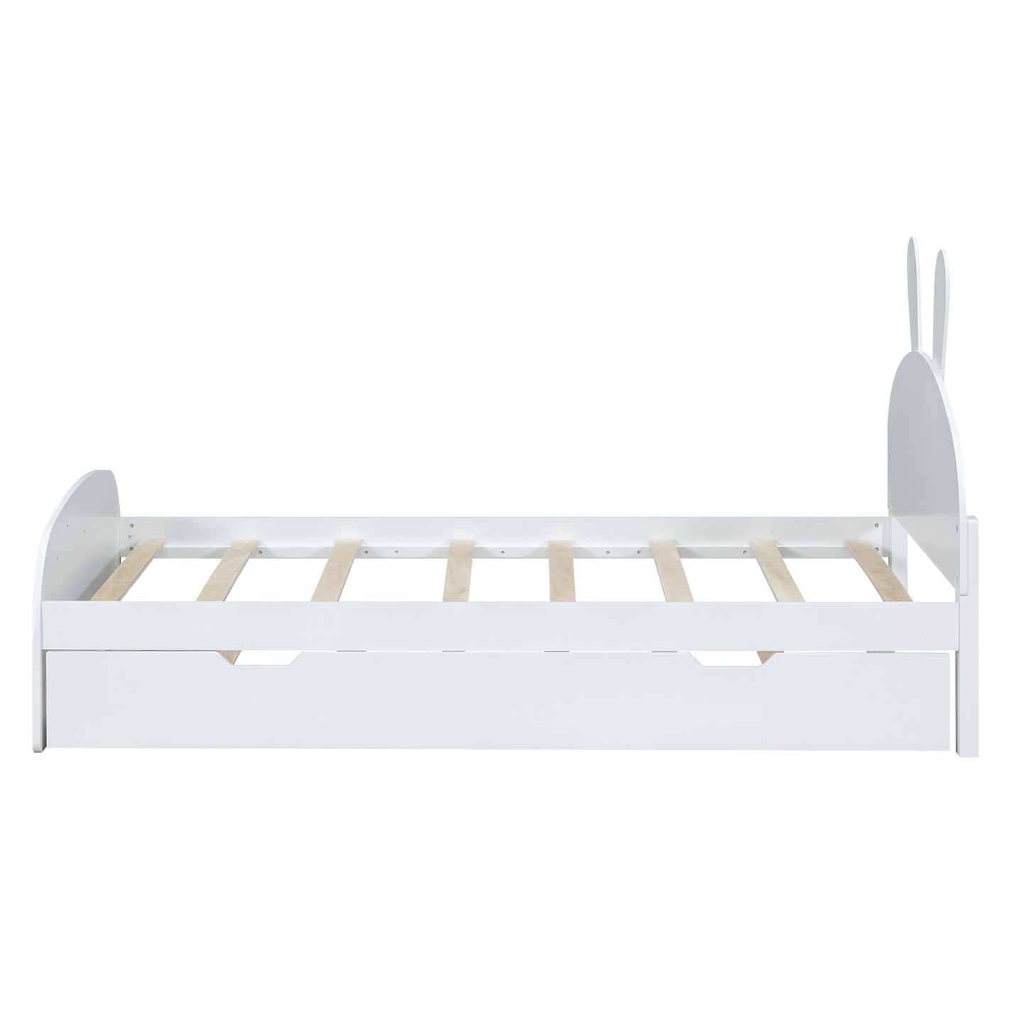 Wood Twin Size Platform Bed with Cartoon Ears Shaped Headboard and Trundle, White