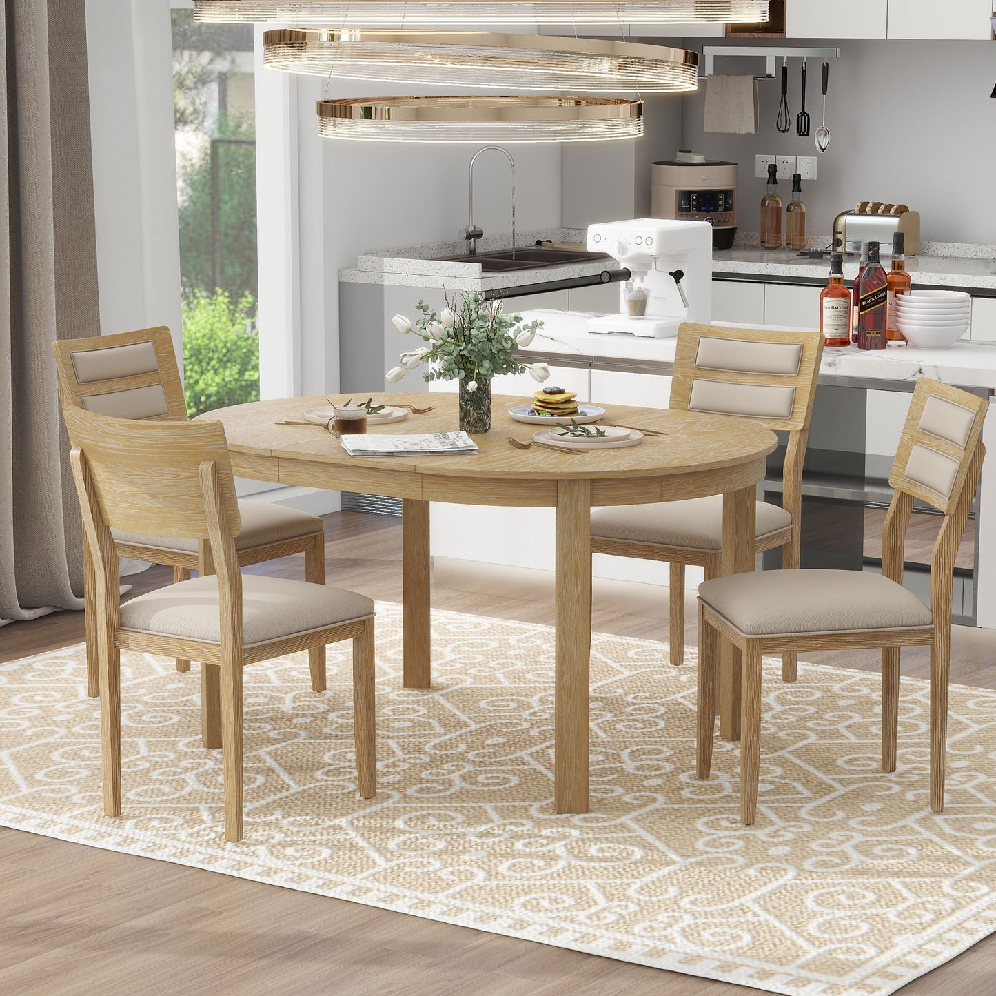 TREXM 5-Piece Multifunctional Dining Table Set, Farmhouse Dining Set with Extendable  Round Table ,Two Small Drawers and 4 Upholstered Dining Chairs for Kitchen and Dining Room (Natural Wood Wash)