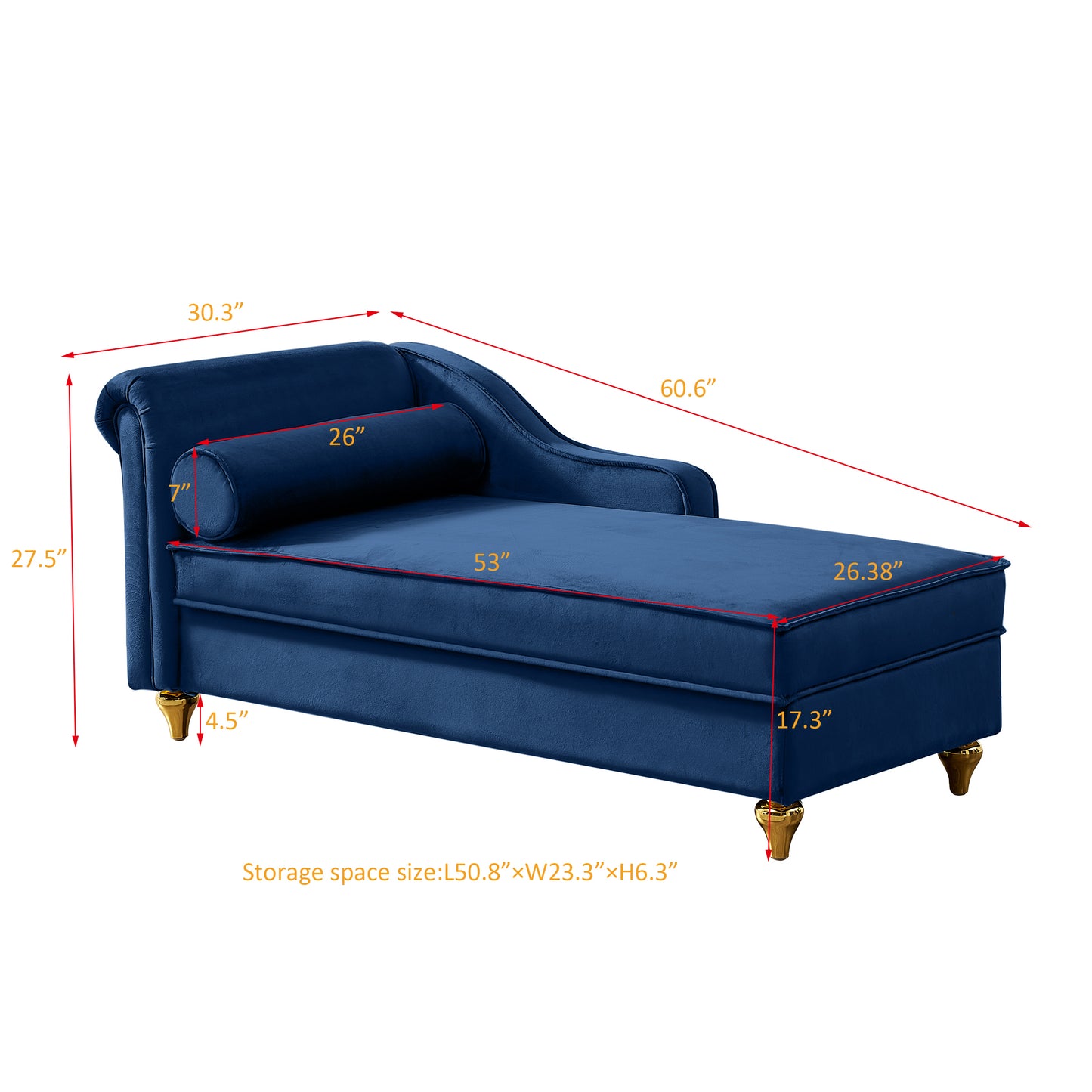 Modern Upholstery Chaise Lounge Chair with Storage Velvet (Navy Blue)