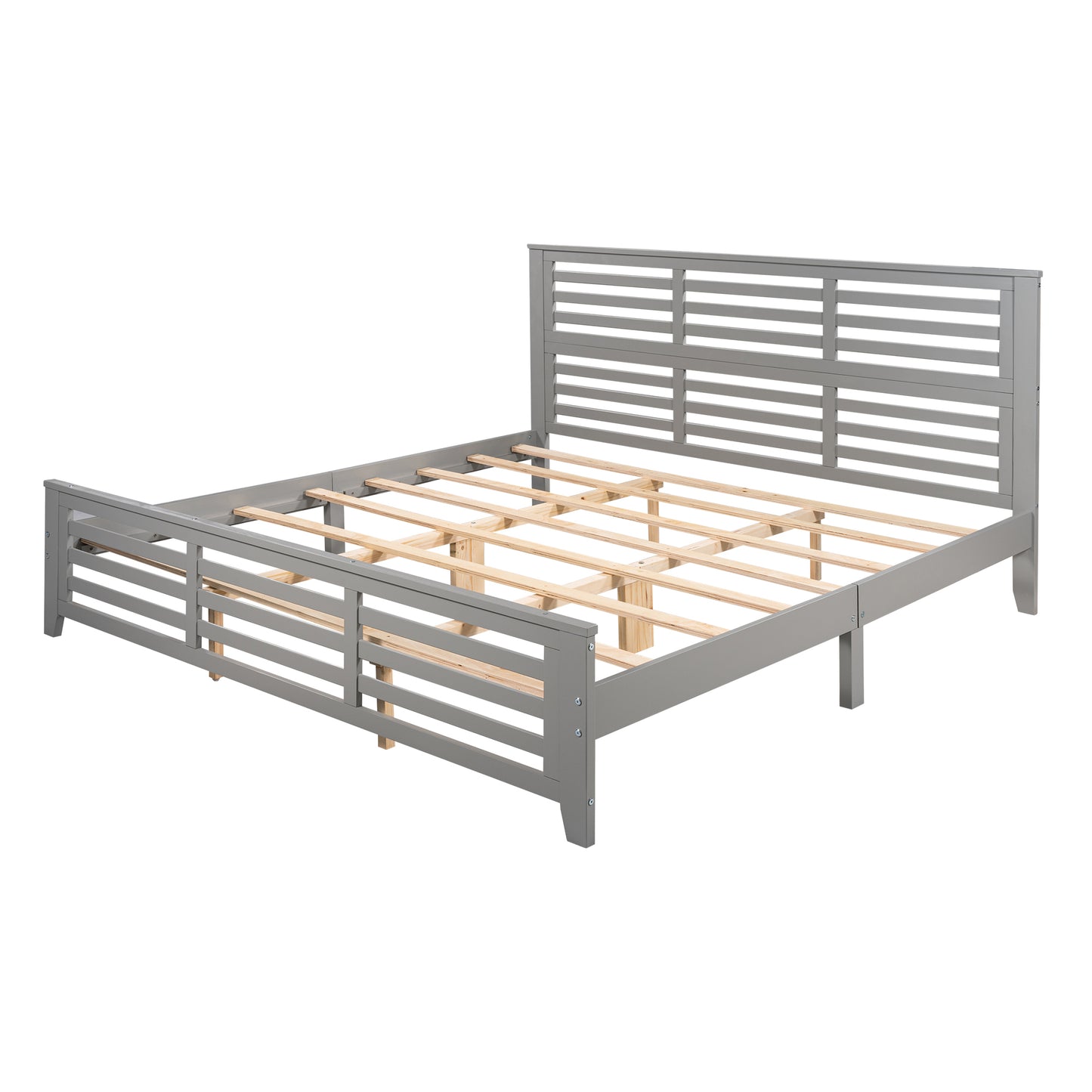 Platform bed with horizontal strip hollow shape, King size, gray