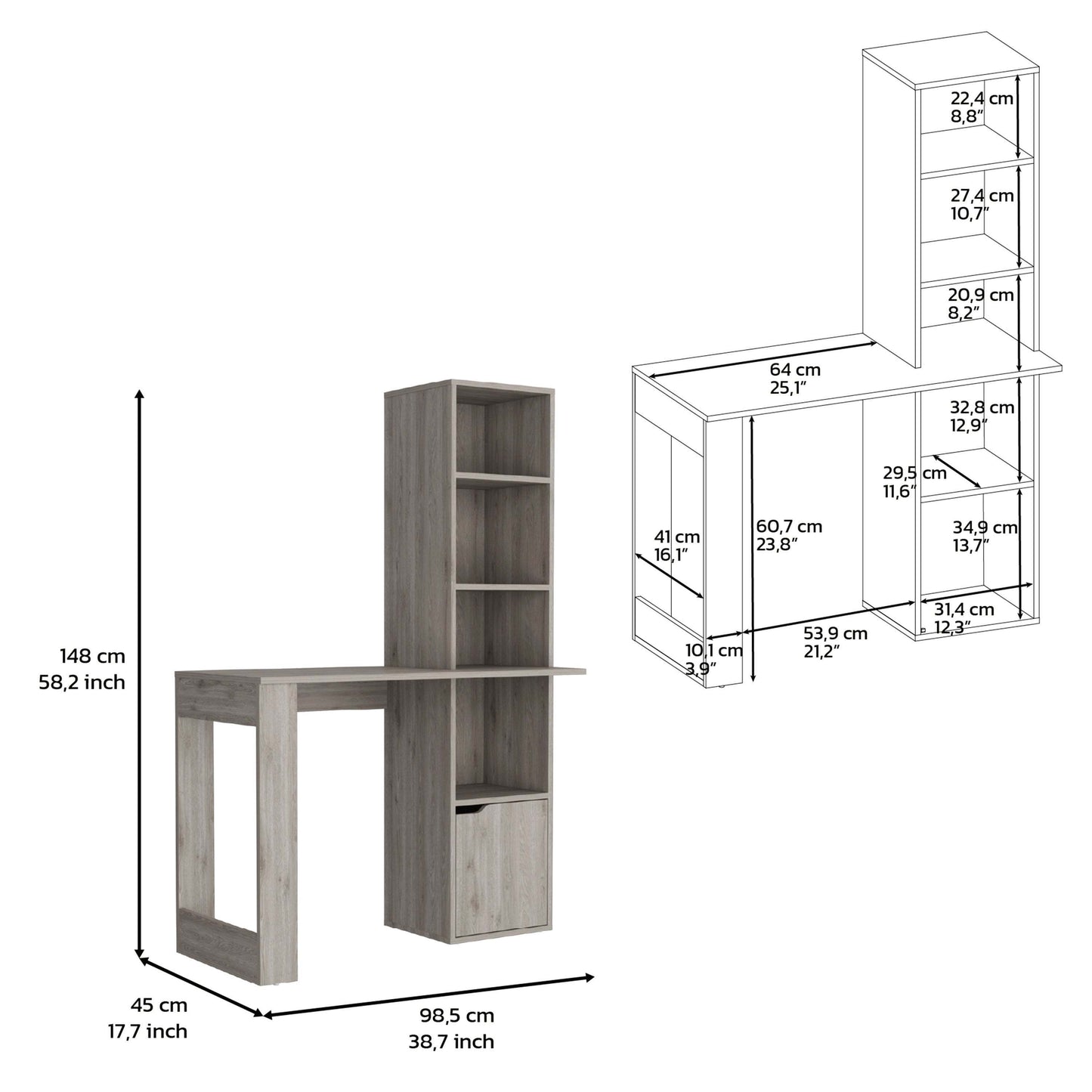 Ripley Writing Desk with Bookcase and Cabinet in Light Gray by DEPOT E-SHOP