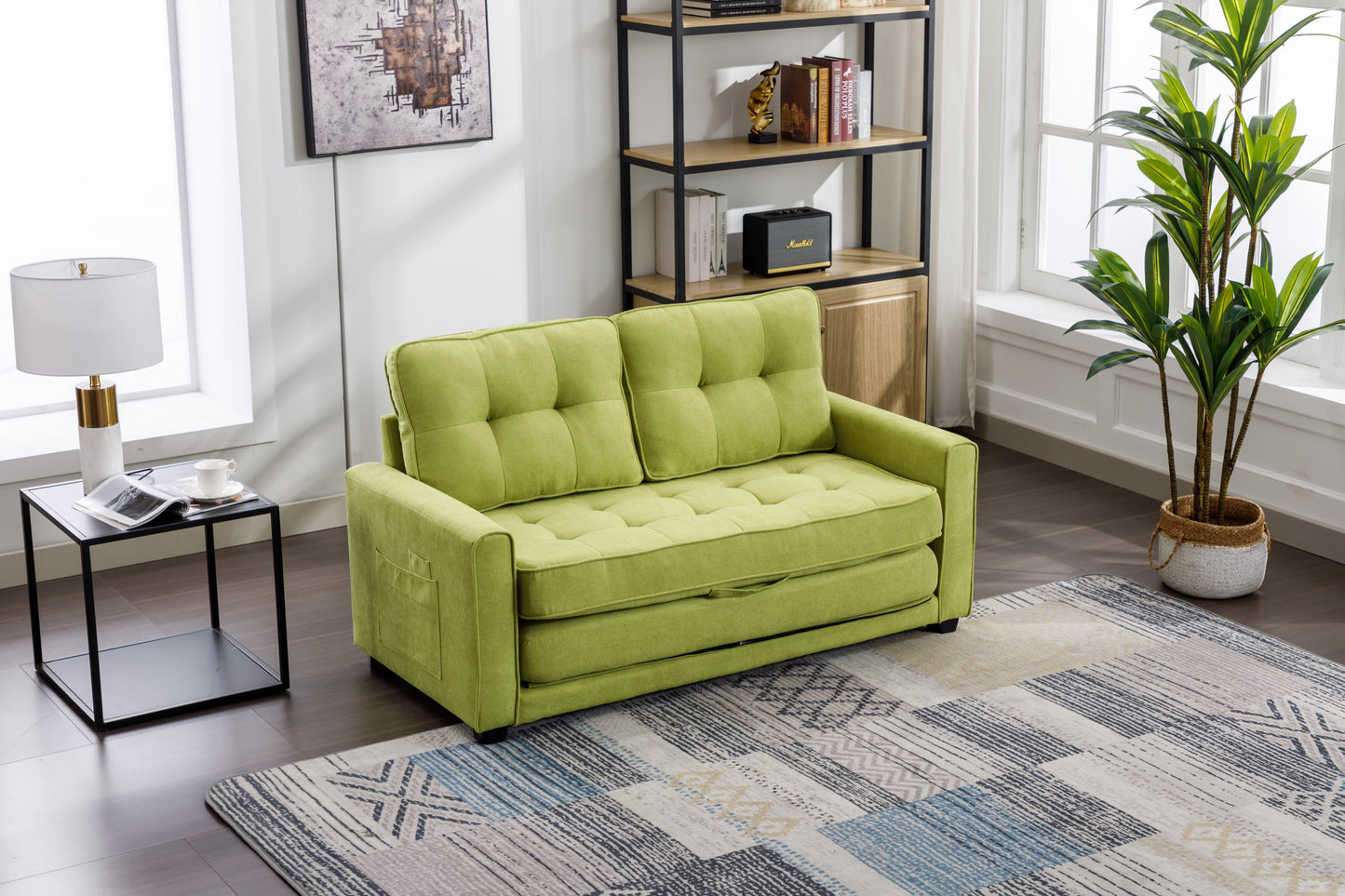 Loveseat Sofa with Pull-Out Bed, Green Chenille Upholstery