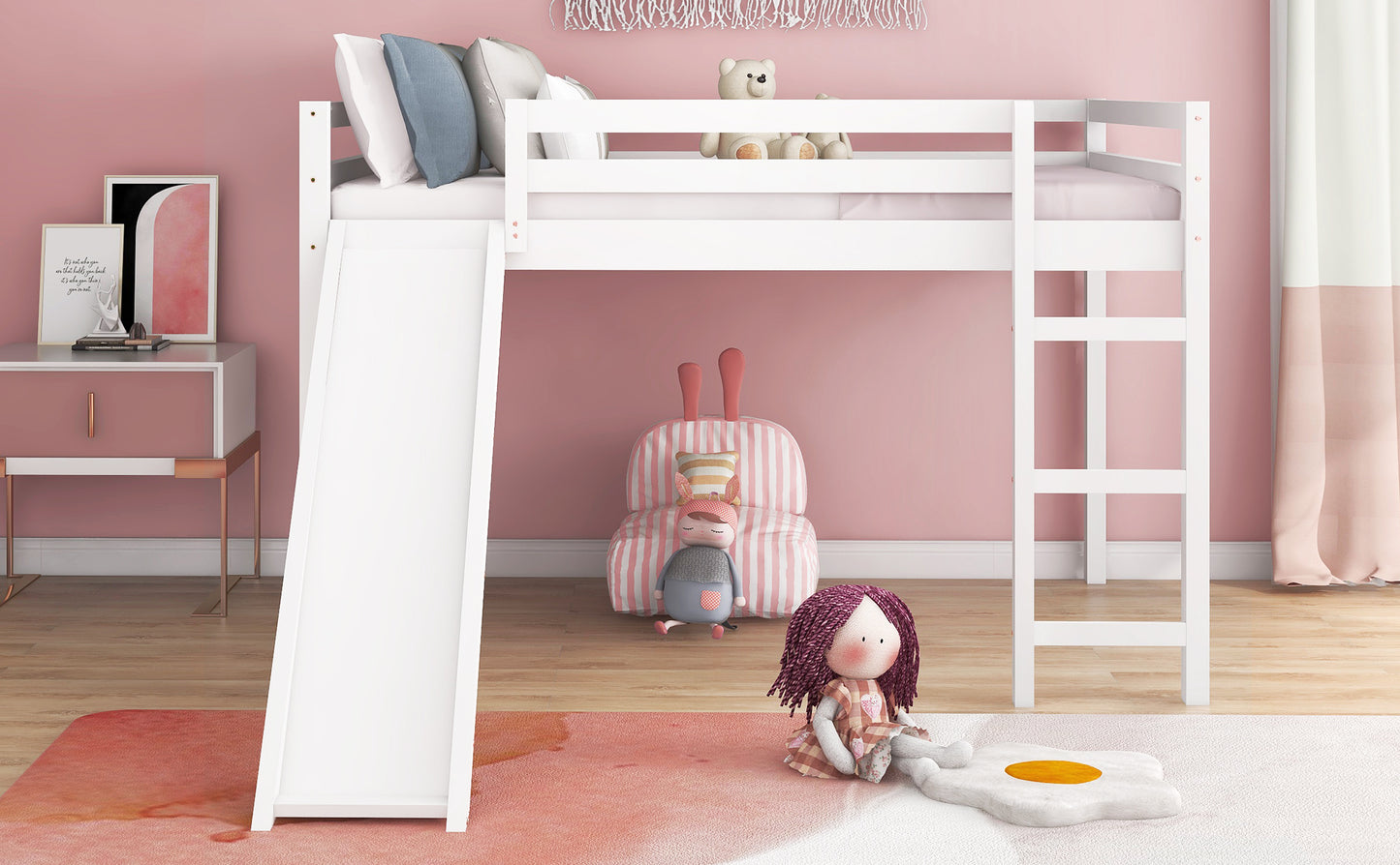 Loft Bed with Slide, Multifunctional Design, Full (White)( :WF281157AAK)