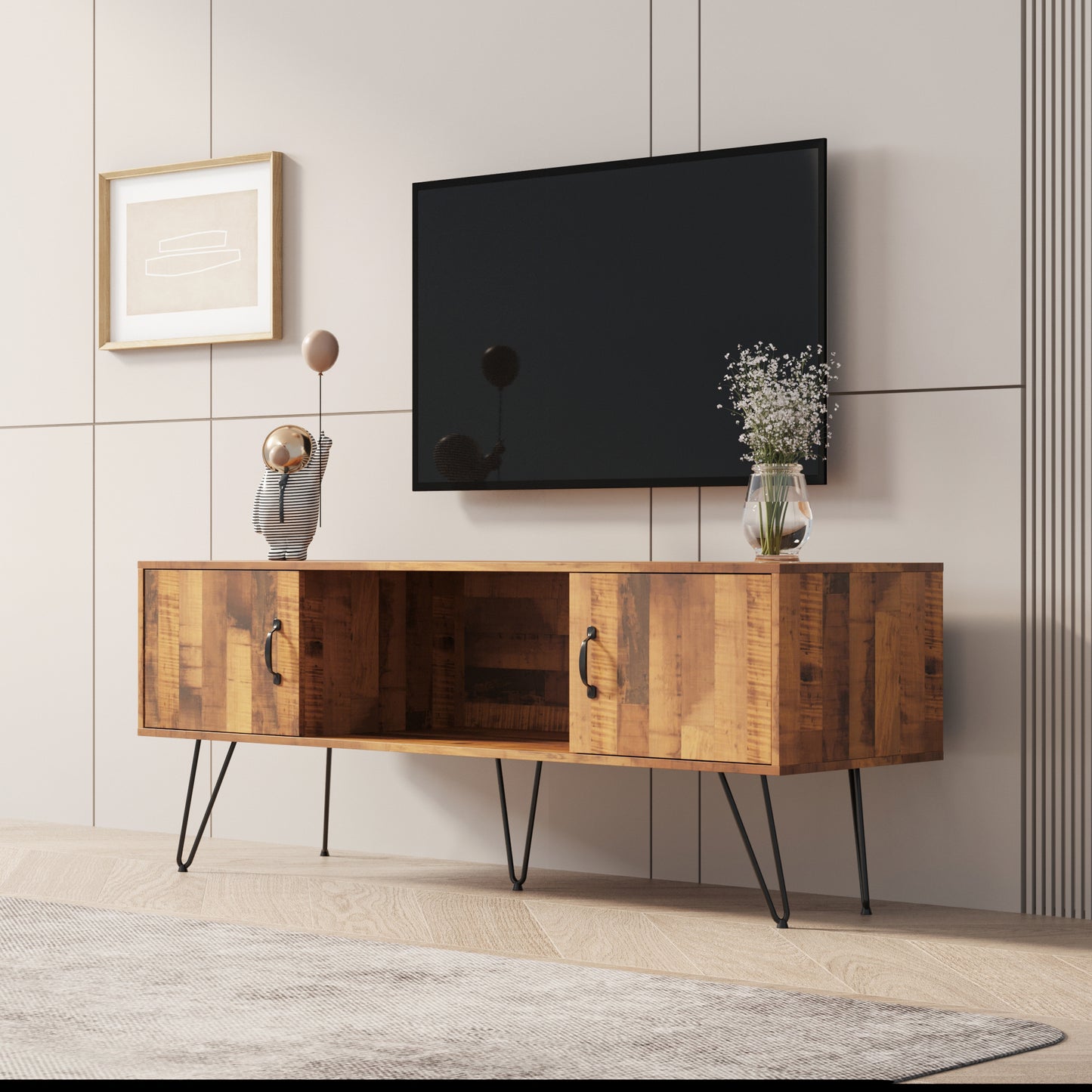 60-Inch Wide Rustic TV Stand with Storage Shelves and Cabinets