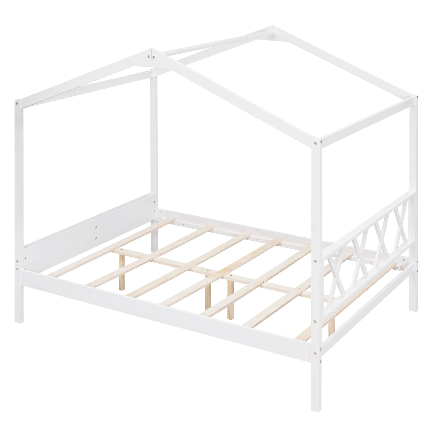 Full Size Wood House Bed with Storage Space, White