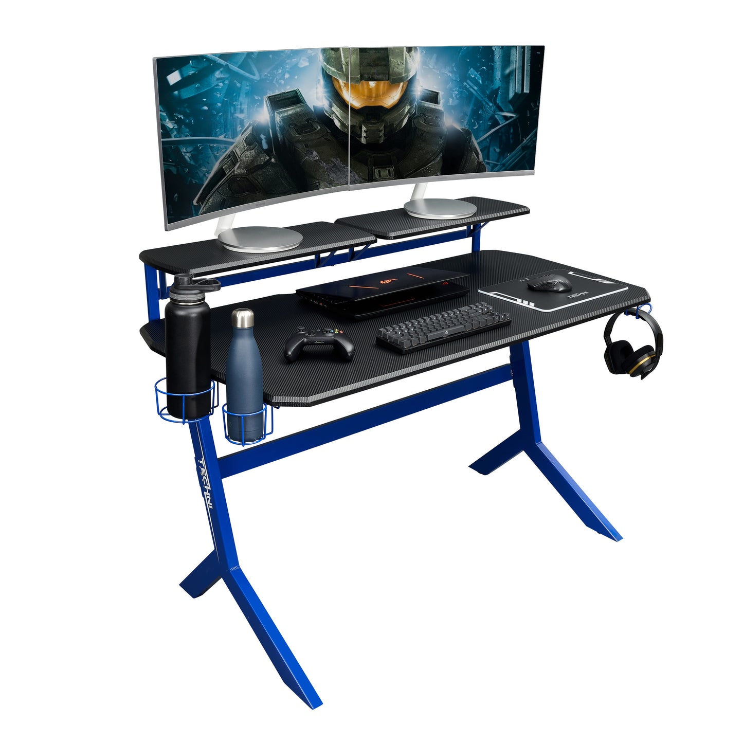 Techni Sport Blue Stryker Gaming Desk with Carbon Fiber Texture in Striking Blue