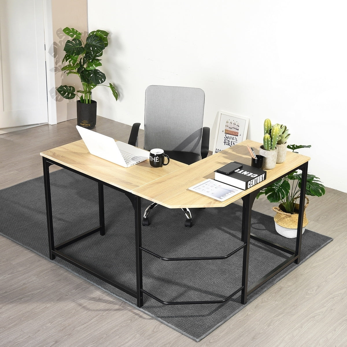 Modern & Stylish L-Shaped Wooden Desk with Sleek Black Metal Frame