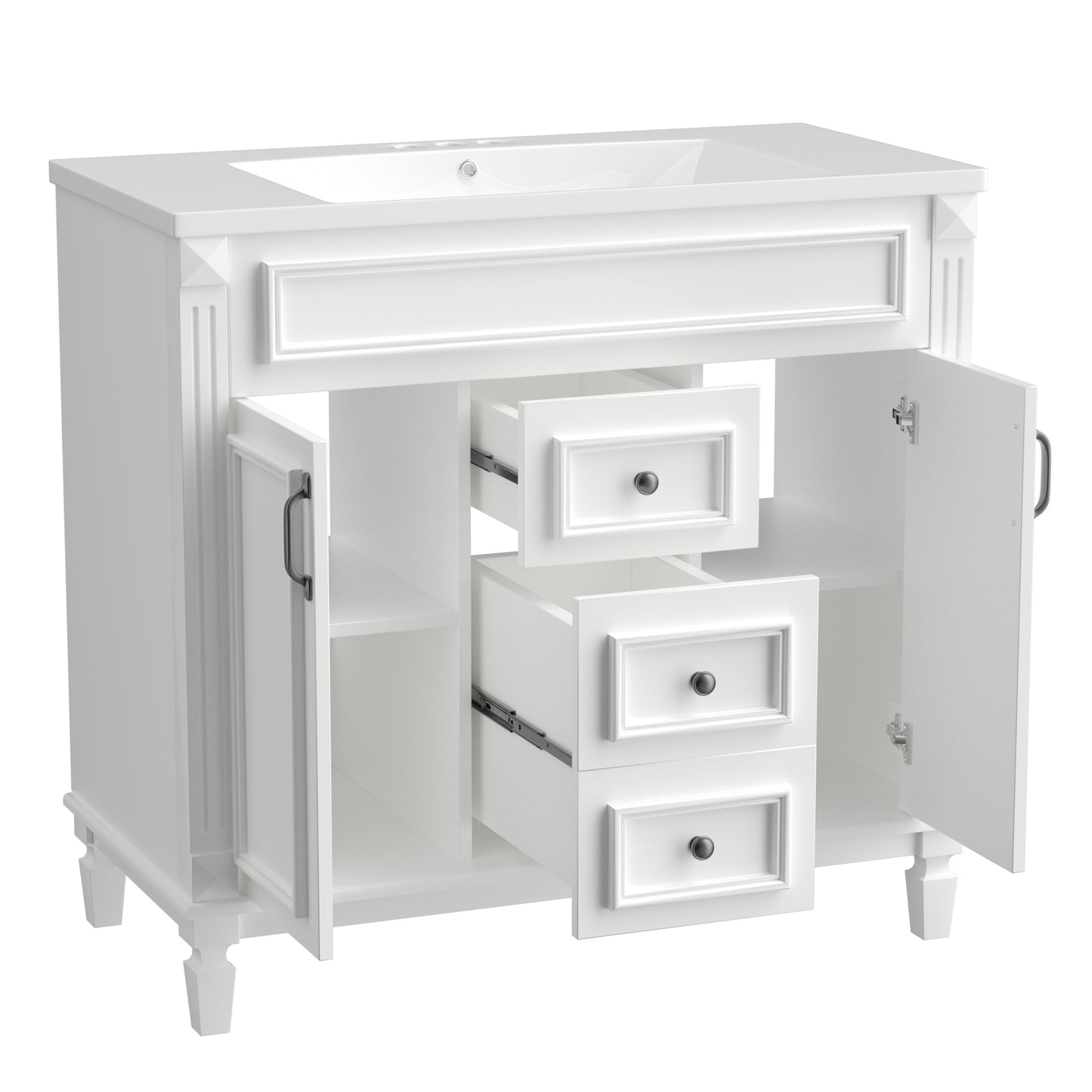 36'' Bathroom Vanity with Top Sink, White Mirror Cabinet, Modern Bathroom Storage Cabinet with 2 Soft Closing Doors and 2 Drawers, Single Sink Bathroom Vanity