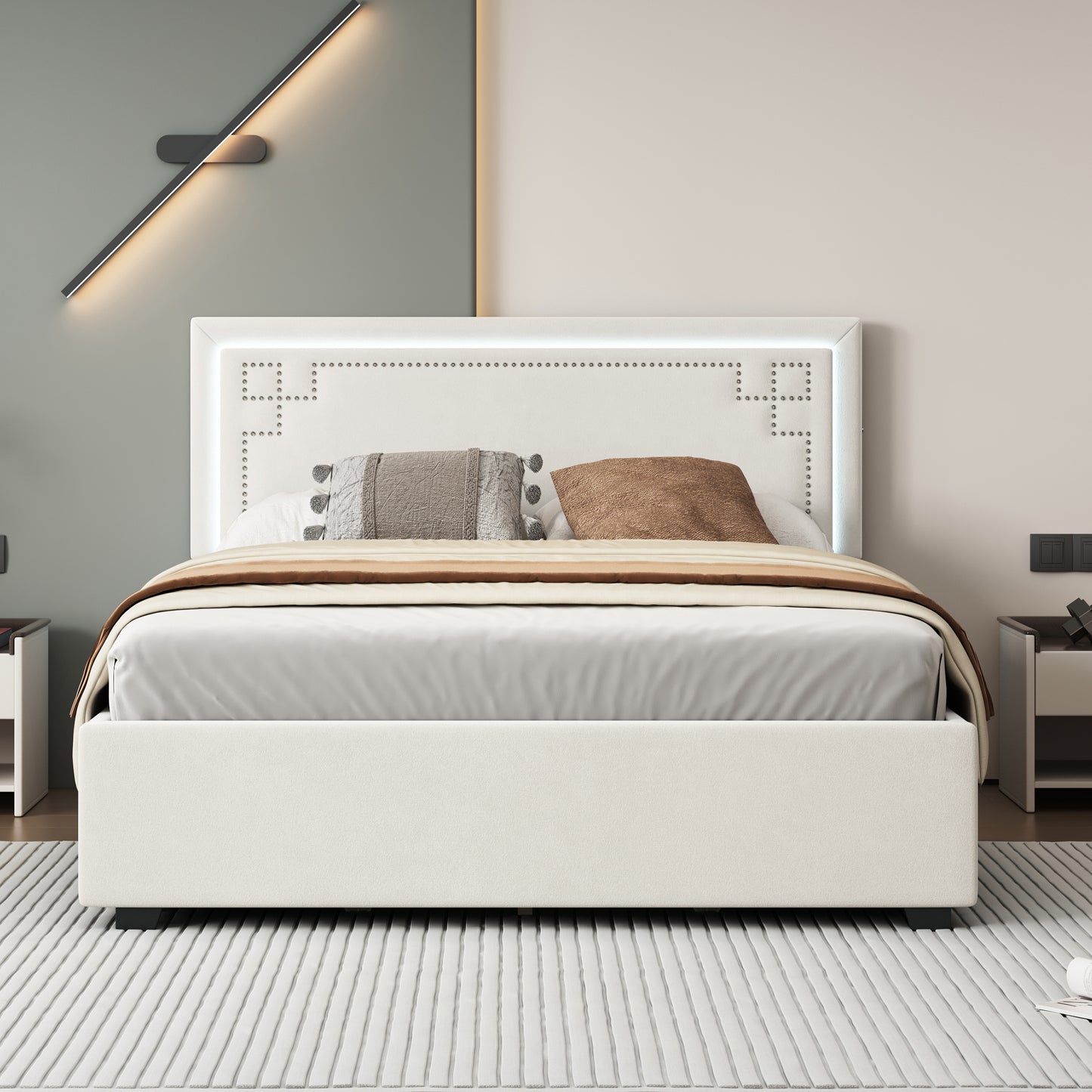 Queen Size Upholstered Platform Bed with Rivet-decorated Headboard, LED bed frame and 4 Drawers, Beige