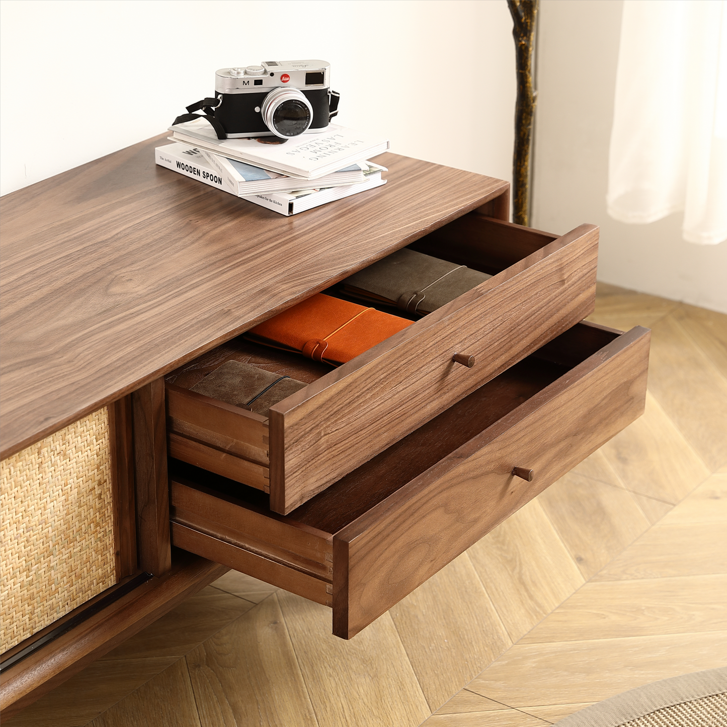 Black Walnut Rattan TV Stand with Ample Storage Space