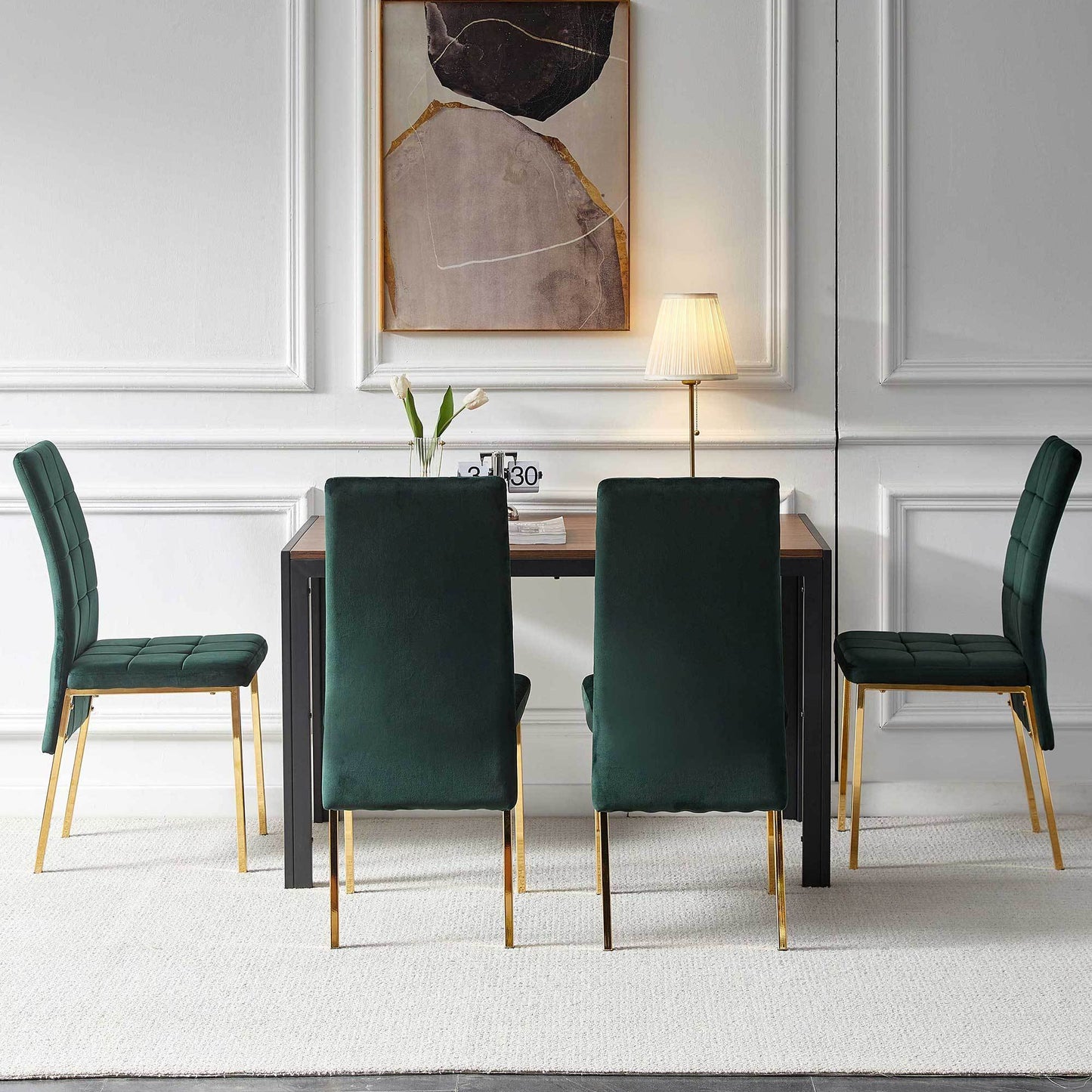 5-Piece Dining Set Including Green Velvet High Back Golden Color Legs Nordic Dining Chair & Creative Design MDF Dining Table