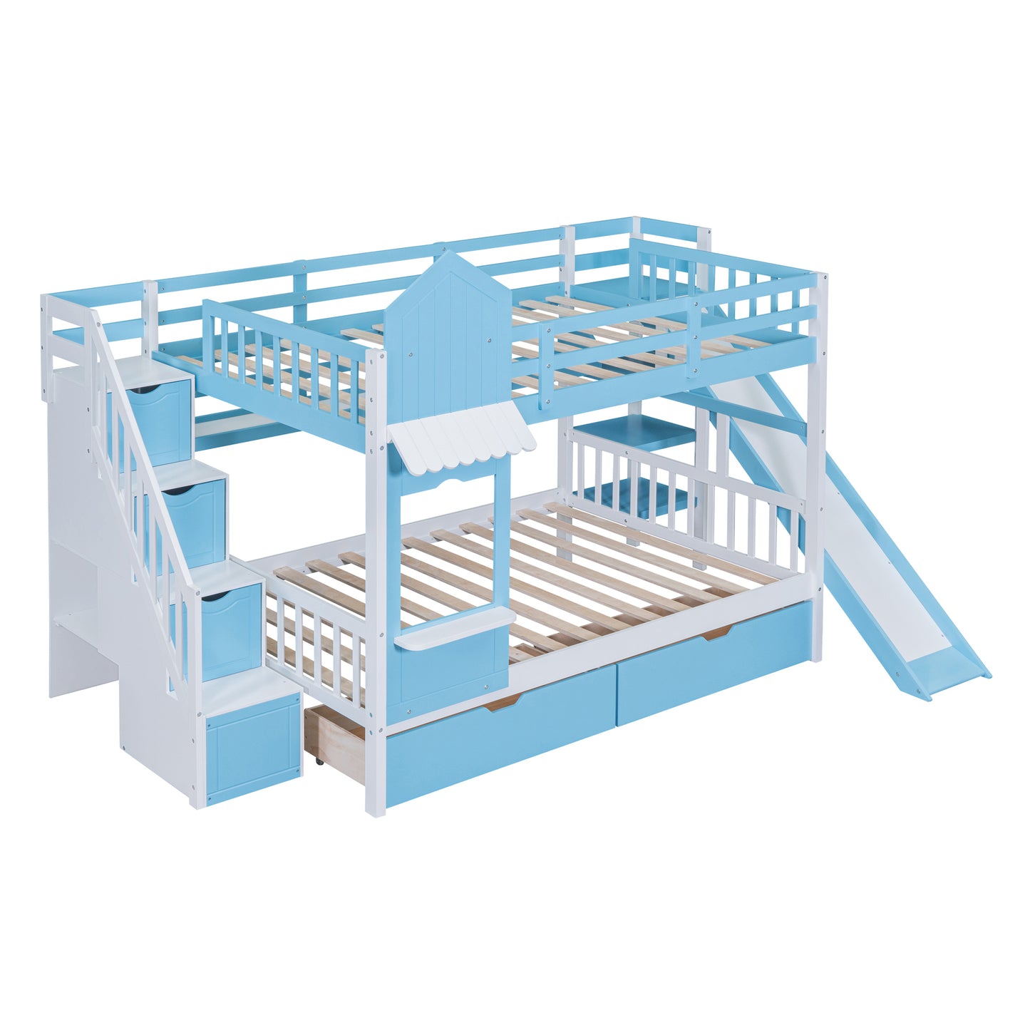 Blue Castle-Themed Full Bunk Bed with Slide, Storage, and Whimsical Charm