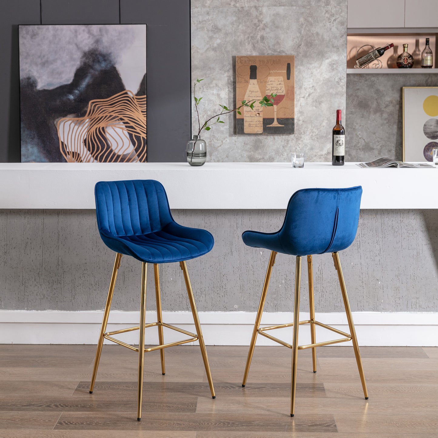 30 inch Set of 2 Bar Stools,with Chrome Footrest Velvet Fabric Counter Stool Golden Leg Simple High Bar Stool,BLUE