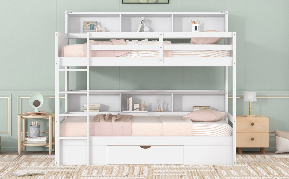 White Twin Size Bunk Bed with Underbed Storage Shelves and Drawer