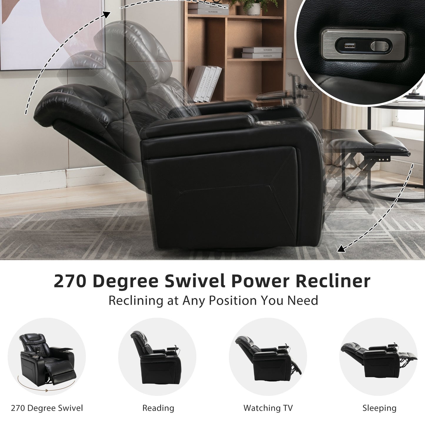 Luxury Black Swivel Recliner Chair with Tray Table, Phone Holder, and USB Port