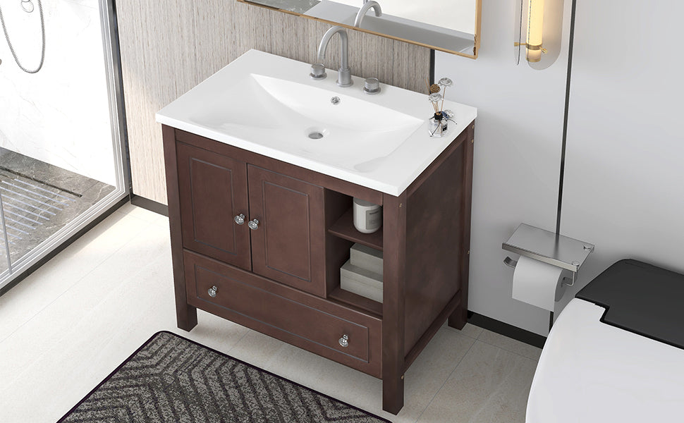 30" Bathroom Vanity with Sink, Bathroom Storage Cabinet with Doors and Drawers, Solid Wood Frame, Ceramic Sink, Brown