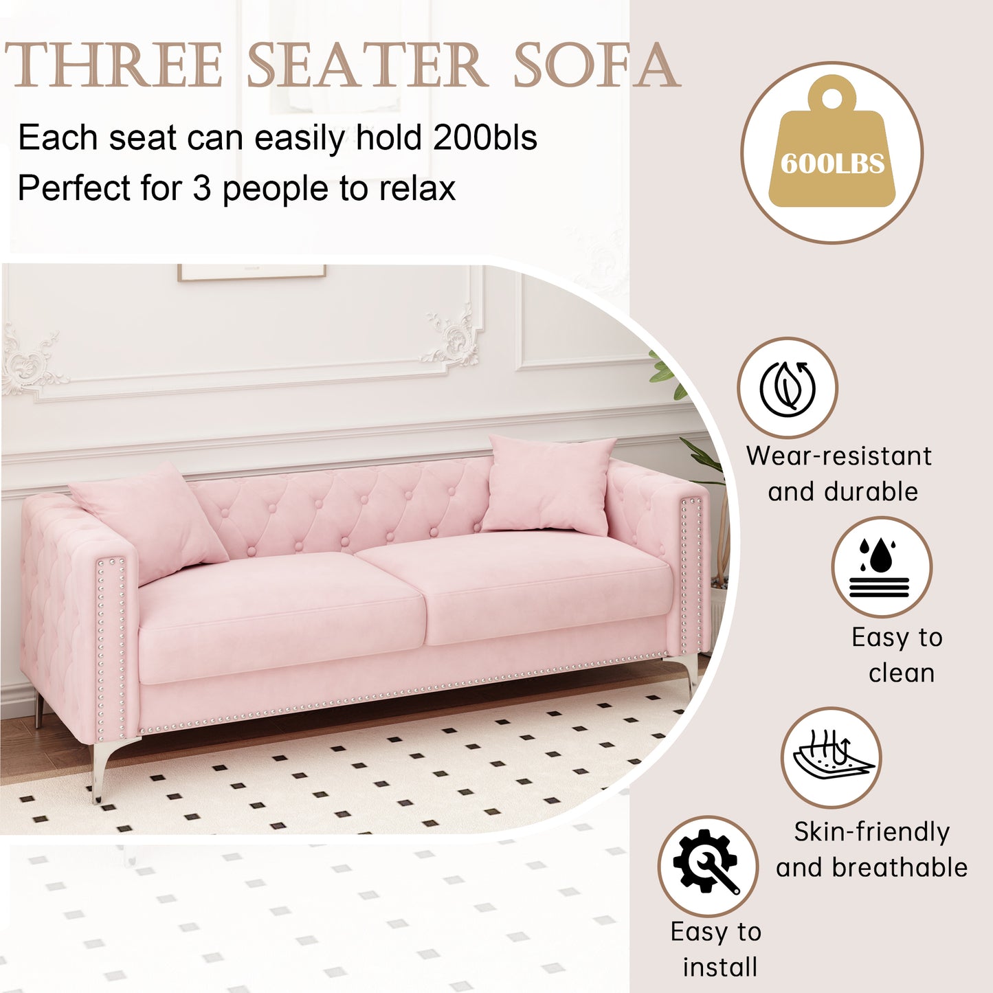 Sofa includes 2 pillows, 83 "pink velvet triple sofa, suitable for large and small Spaces