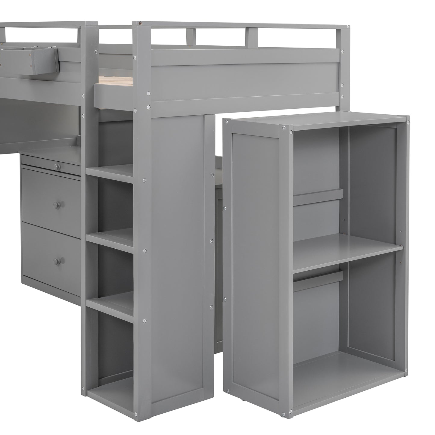 Loft Bed with Rolling Cabinet and Desk - Gray