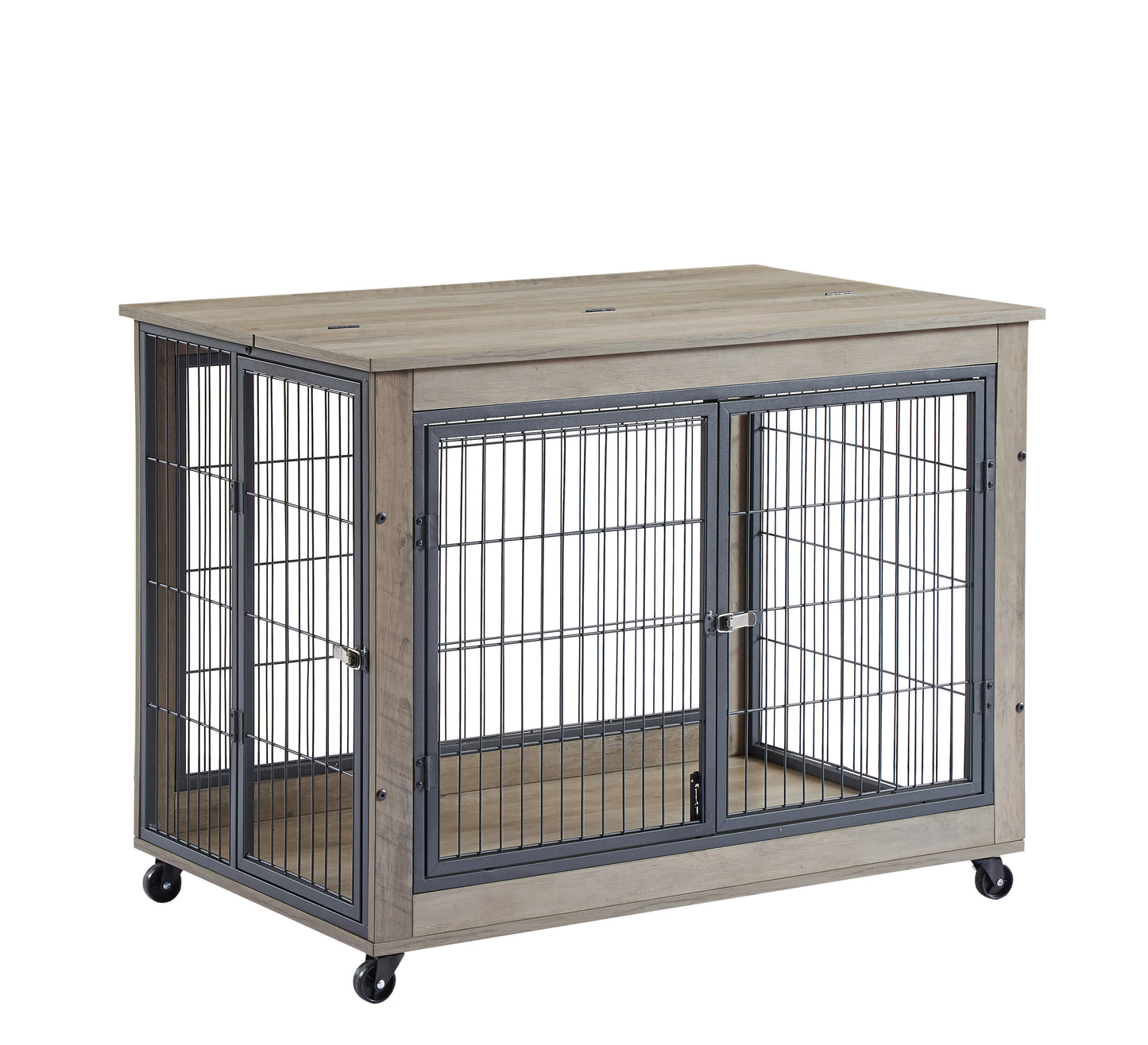 Furniture Style Dog Crate Side Table on Wheels with Double Doors and Lift Top.（Grey,38.58’’w x 25.5’’d x 27.36’’h）