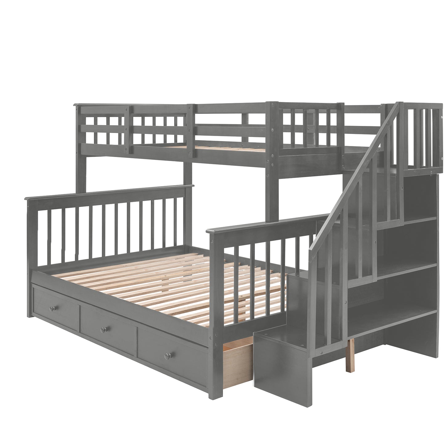 Stylish Gray Stairway Bunk Bed Set with Drawer and Storage for Bedroom