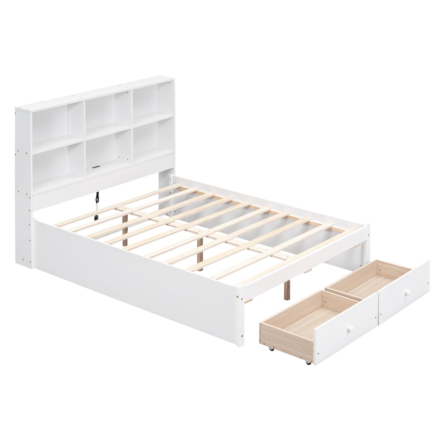 Full Size Platform Bed with Storage Headboard, Charging Station and 2 Drawers, White