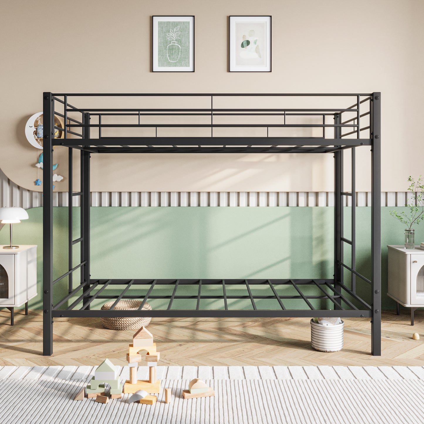 Heavy Duty Metal Twin Bunk Bed with Shelf and Safety Features - Black