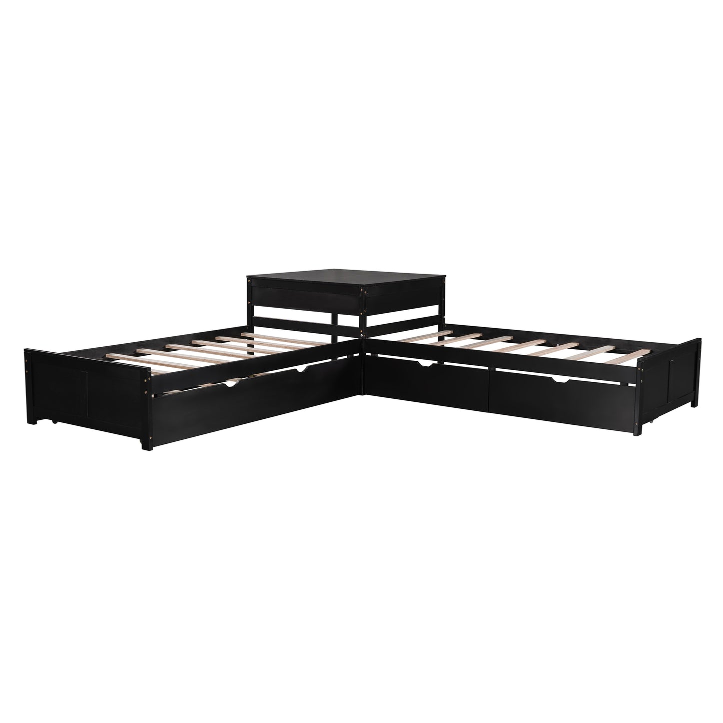 L-shaped Platform Bed with Trundle and Drawers Linked with built-in Desk,Twin,Espresso