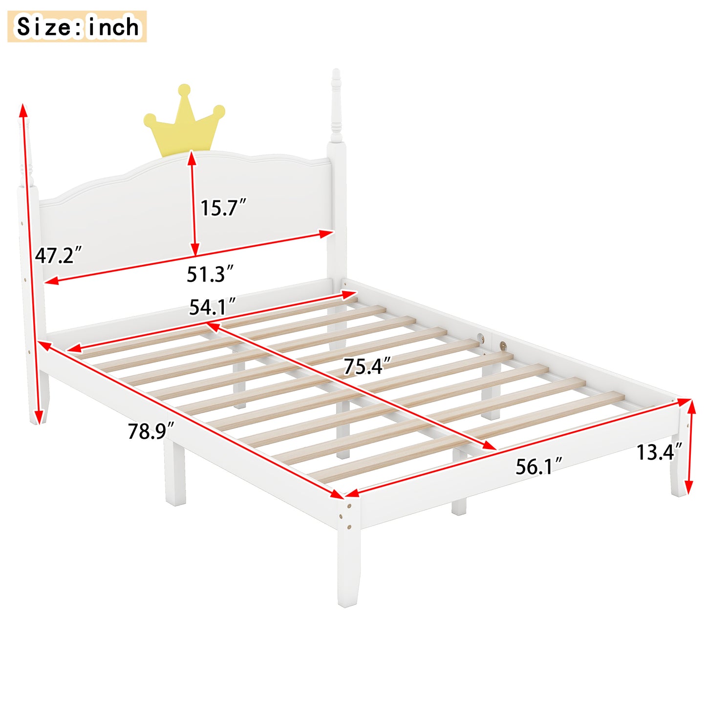 Full Size Wood Platform Bed with Crown Shaped Headboard, White