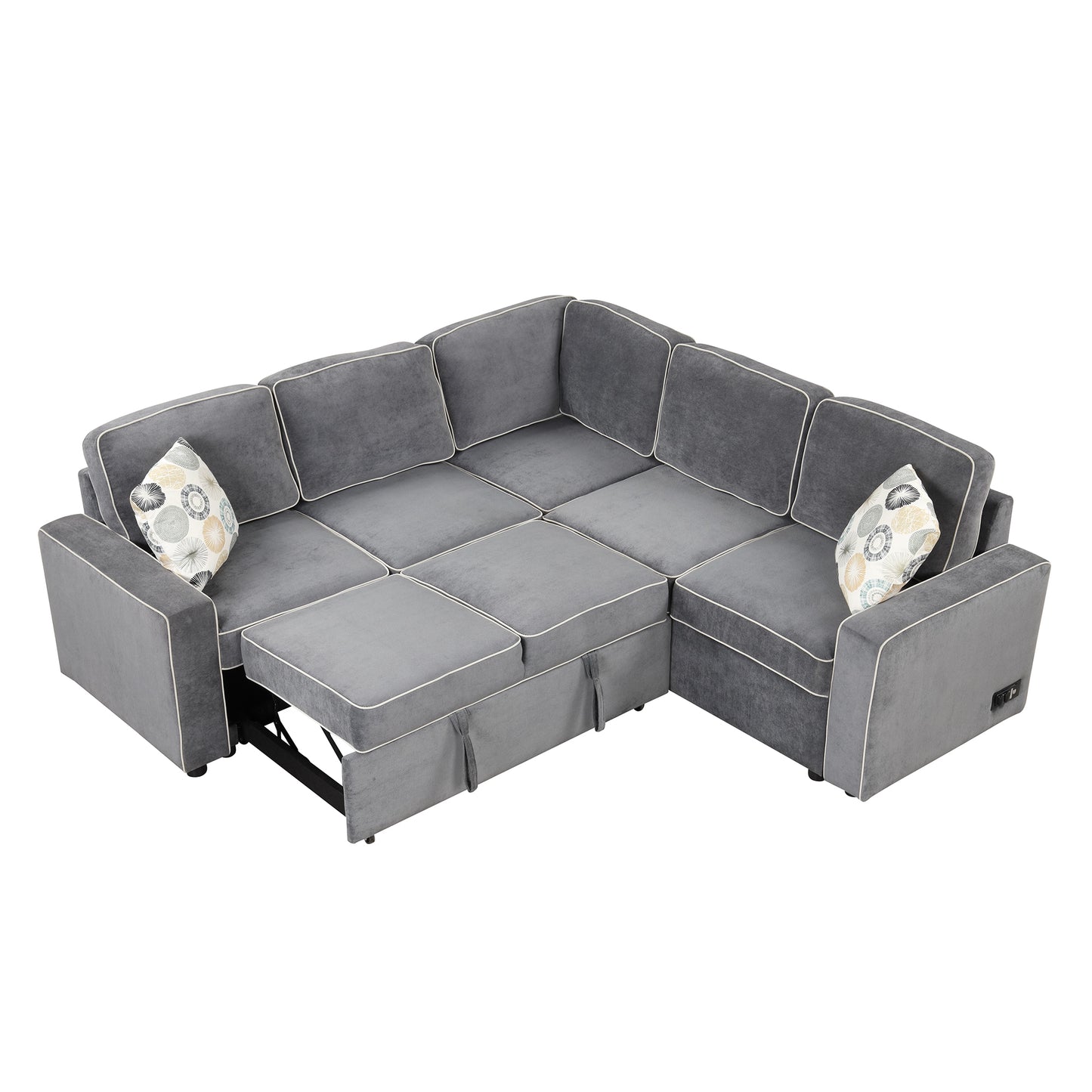 83 L-Shaped Convertible Sleeper Sofa with USB ports, Power Sockets, and Pillows, Gray