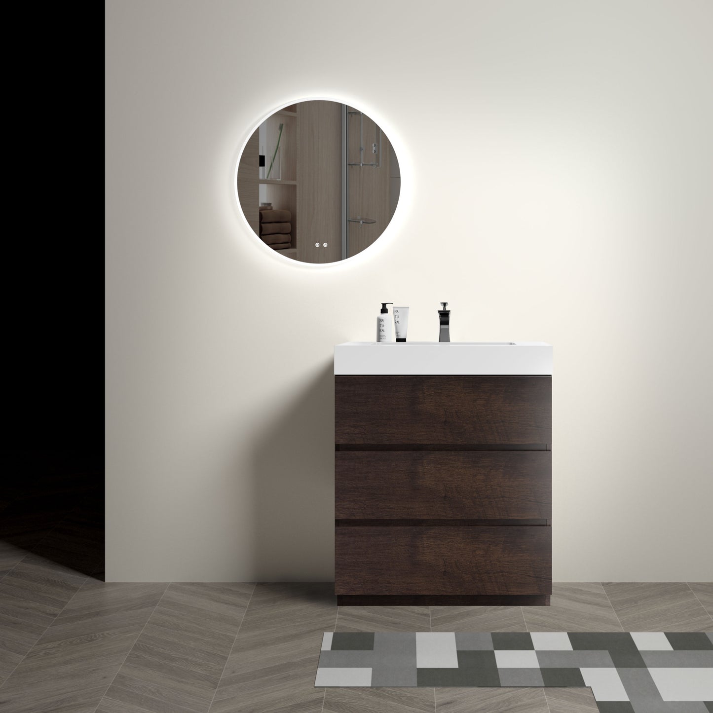 Alice-30F-105,Floor cabinet WITHOUT basin,Walnut color,With three drawers