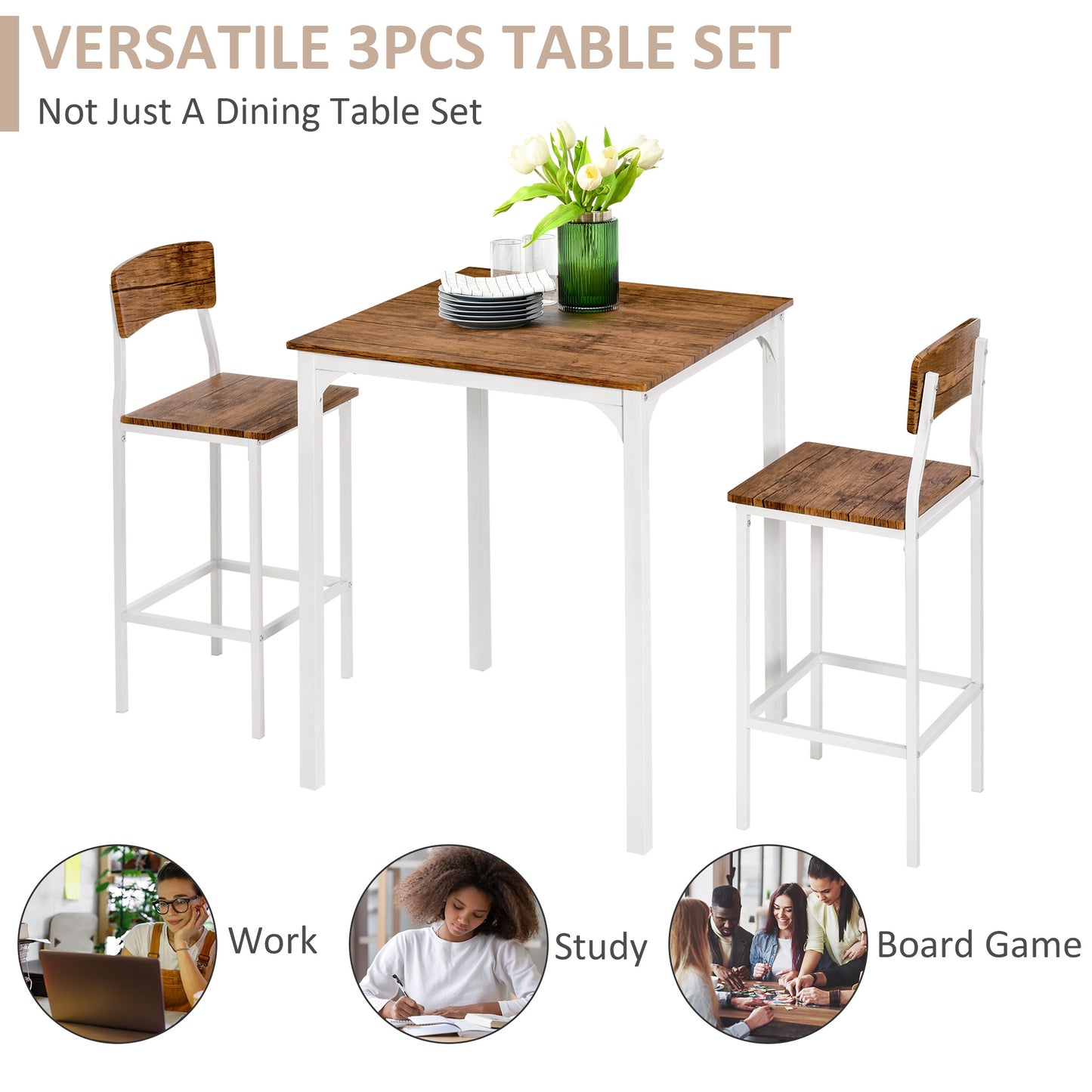 3 Piece Bar Table Set, Industrial Counter Height Dining Table Set, Bar Table & Chairs with Steel Legs & Footrests, White