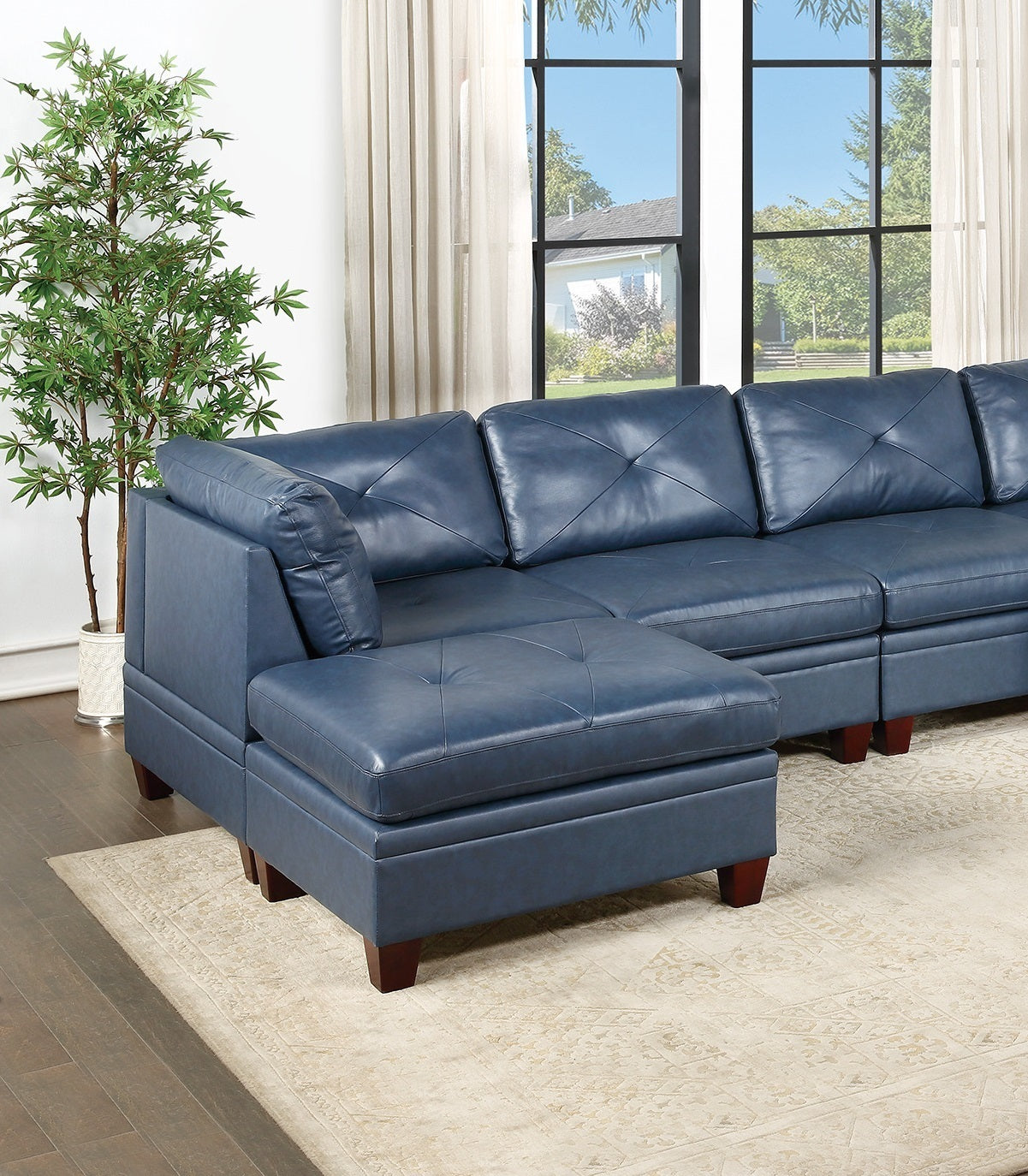 Luxurious Ink Blue Genuine Leather Modular 6pc Sectional Set