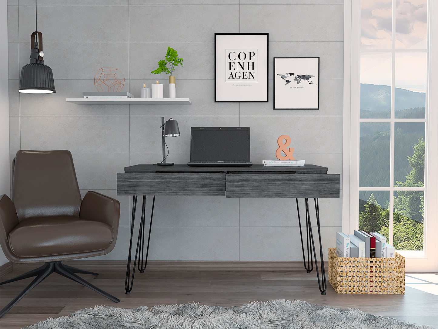 Stylish Oak Office Table with Hairpin Legs