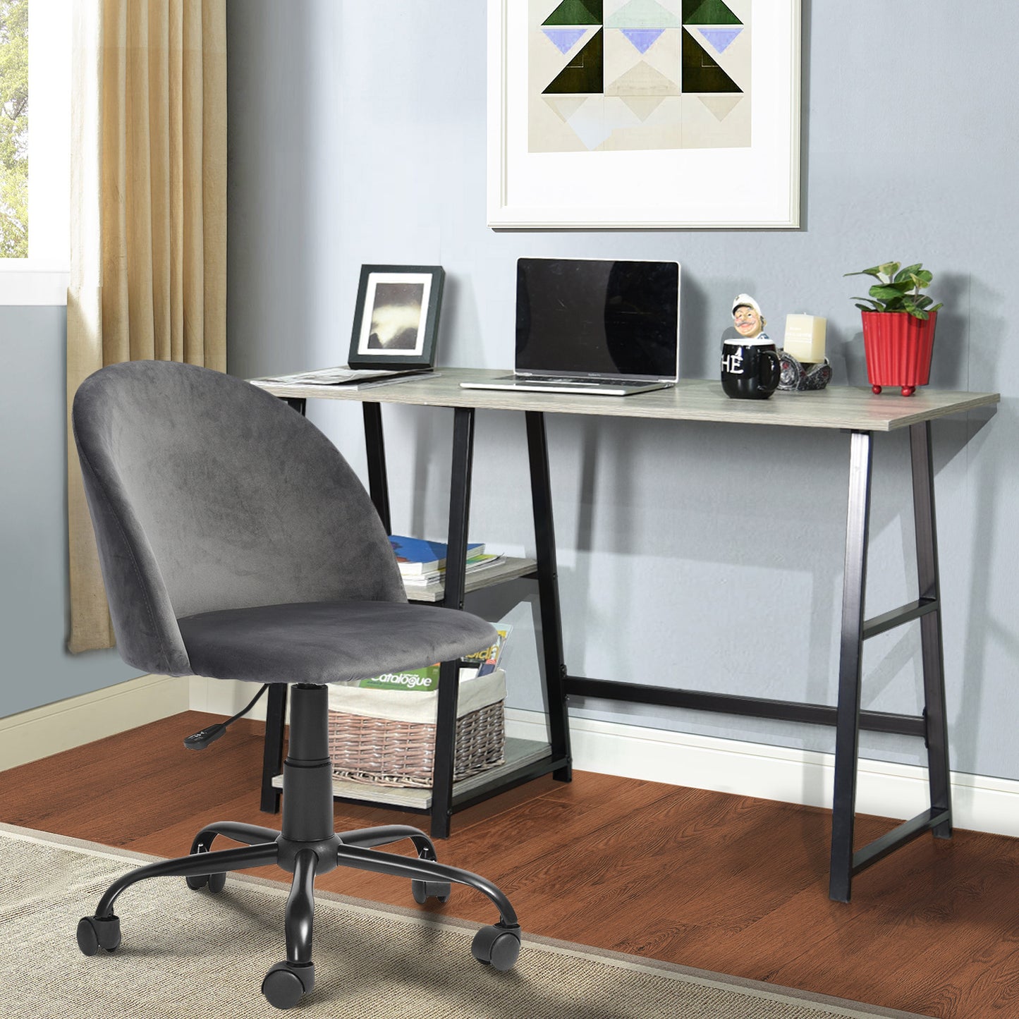 Adjustable Wooden Desk with 2 Open Shelves - GREY & BLACK